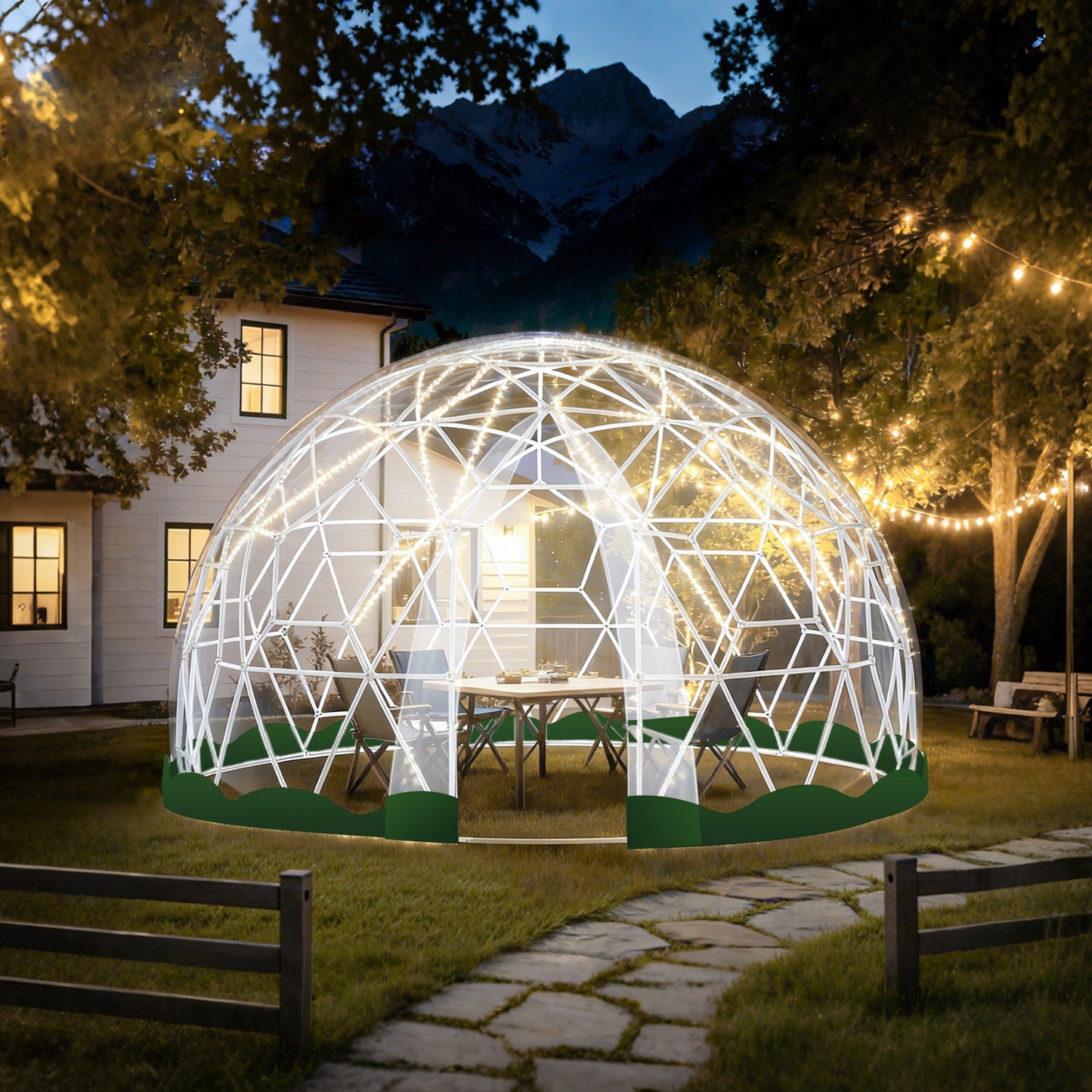 Kweekkas – Tuinkas – Broeikas – Foliekas – Serre – Geodetische Koepel – 3,6 Meter Diameter – Transparante PVC Met 2x 10m Sfeerverlichting
