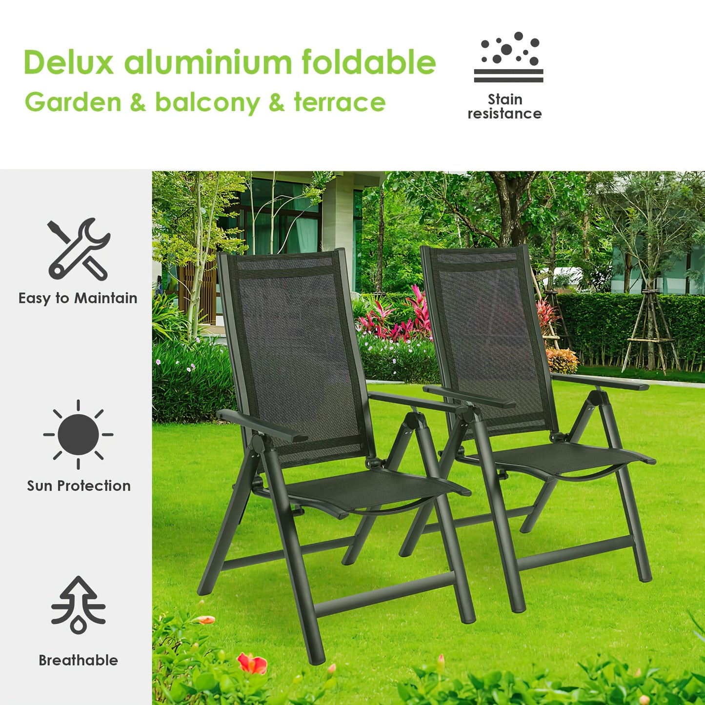 Klapstoel – Vouwstoel – Tuinstoel – Balkonstoel – Campingstoel – Aluminium Frame – 7-standen Verstelbare Rugleuning – Zwart