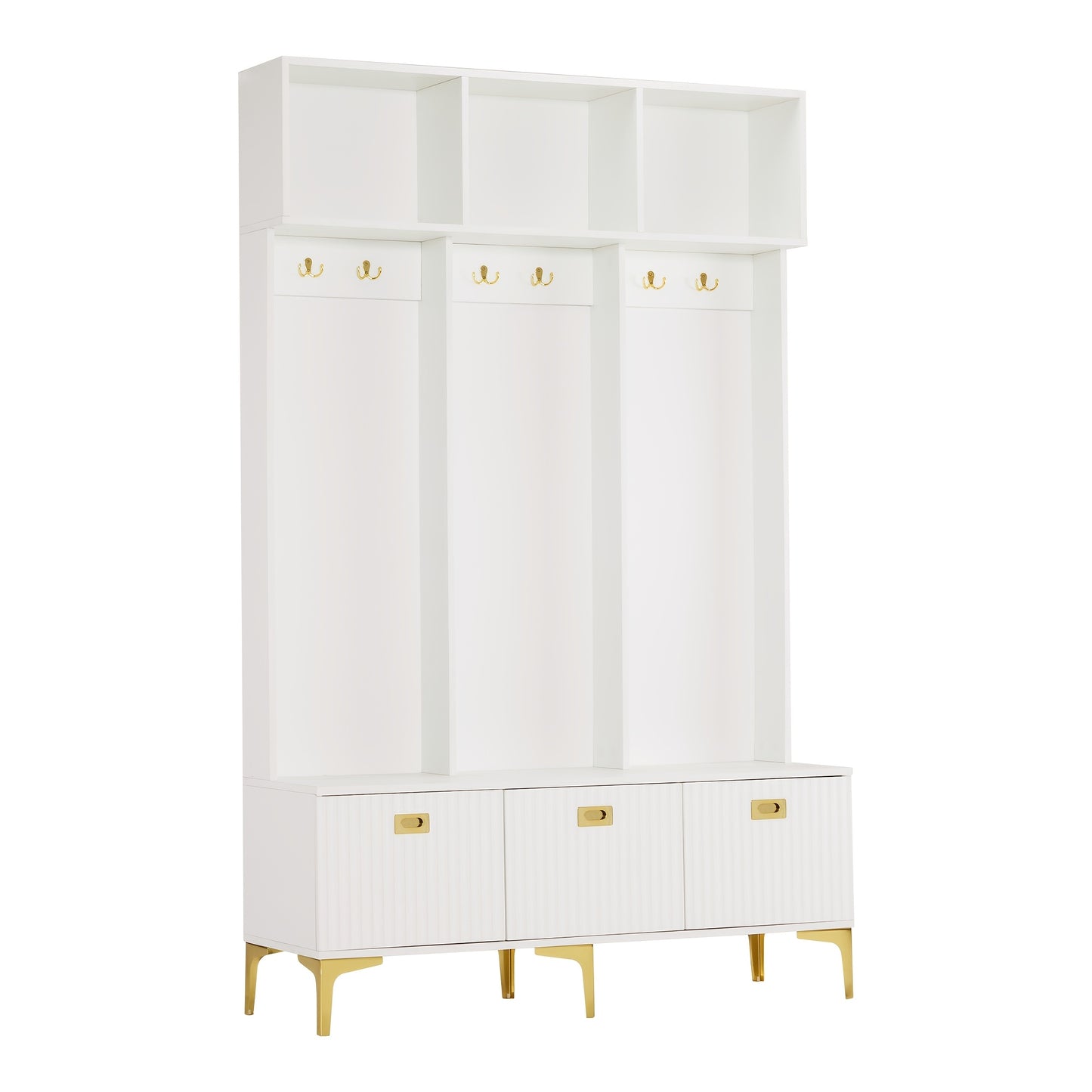 Witte Houten Kapstok – Wandkapstok – Garderoberek – Kapstok met Zitbank – Schoenkast – 4 Haken – Cushioned Opbergstoel – H180xB100xD35 cm