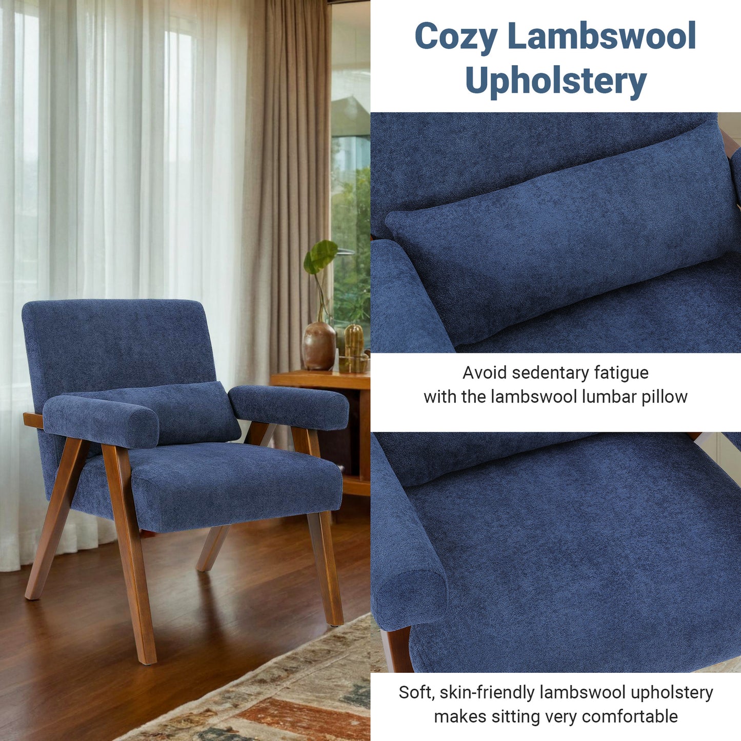 Fauteuil – Accentstoel – Relaxstoel – Loungefauteuil – Zithoekstoel – Massief Houten Frame – Comfortabele Katoenen Bekleding – Inclusief Rugkussen – Blauw