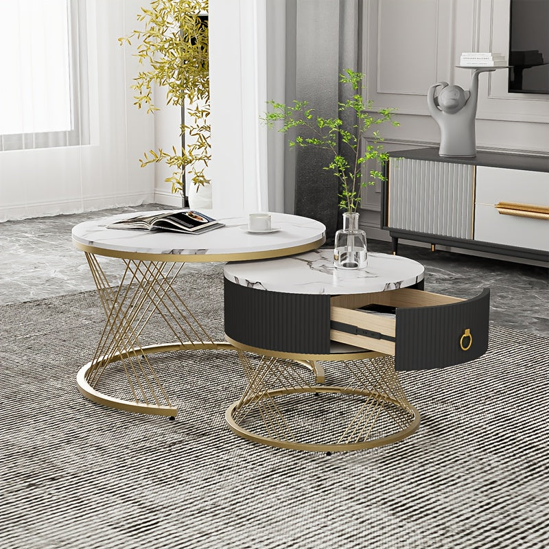 Salontafel – Koffietafel – Bijzettafel – Woonkamertafel – Tafelset – Marmerlook – Gouden Accenten – Modulaire Set Met Laden – Modern Design