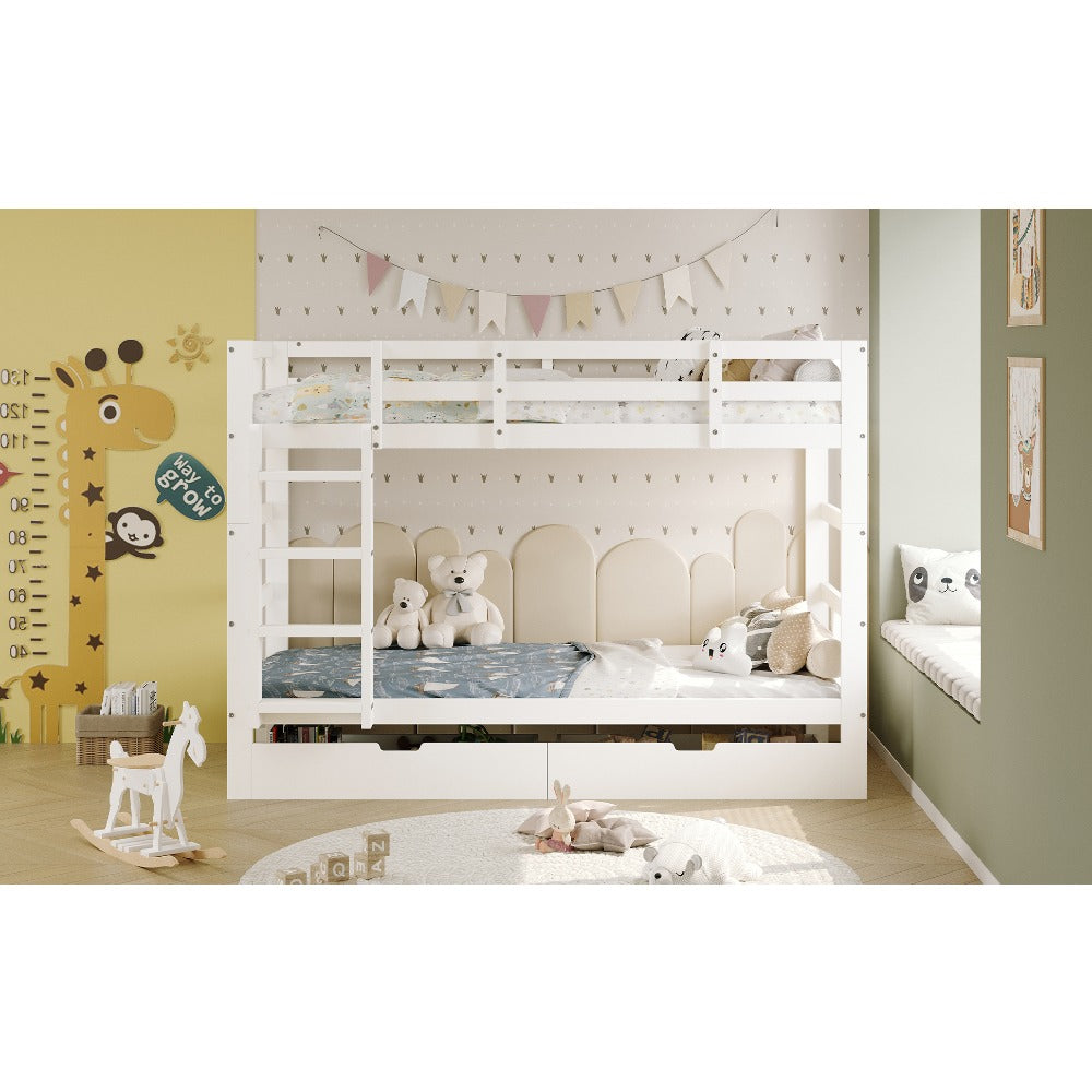 Stapelbed – Hoogslaper – Kinderbed – Lits-jumeaux – Kinderstapelbed – Massief Hout – Met Opbergruimte – 90x200 cm – Veiligheidshek – Wit
