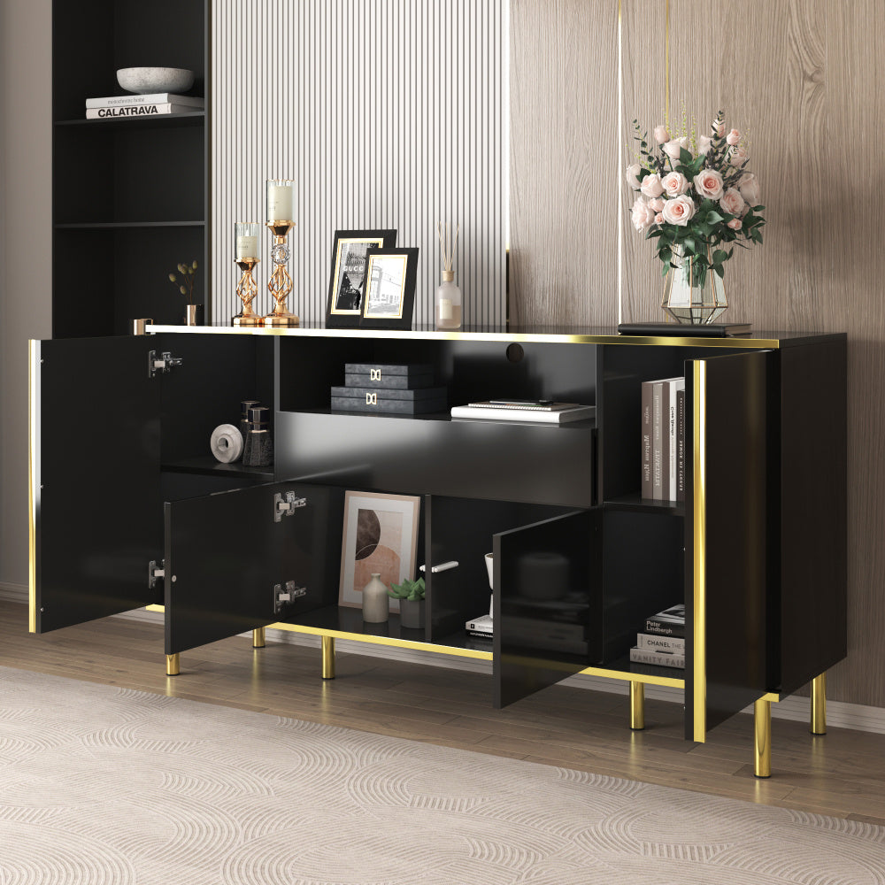 Dressoir – Opbergkast – Buffetkast – Ladekast – Kast – Zwart – Hoogglans – Gouden Accenten – 59x15,75x31 cm – Stevige Vloerstaande Constructie