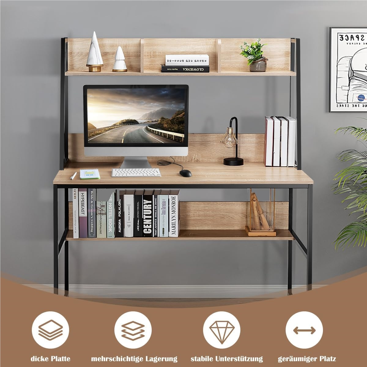 Bureau – Computertafel – Werktafel – Schrijftafel – Tafel – Houten Bureau Met Planken – Stevig Metalen Frame – Verstelbare Voetjes – 120x57 cm – Natuurlijke Houtkleur
