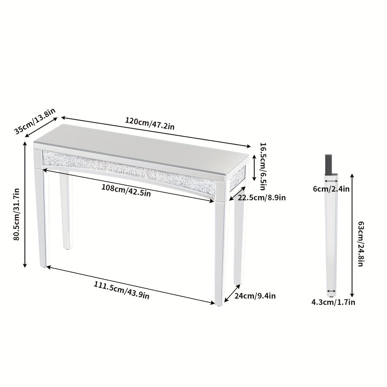 Spiegelconsole – Sidetable – Haltafel – Dressoir – Bijzettafel – 120x80 cm – Zilverplated Glas – Crushed Diamant Accent