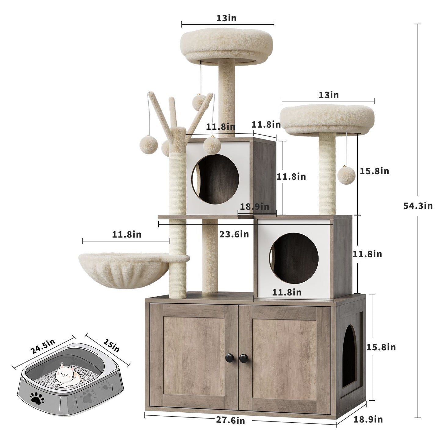 Kattenmeubel – Kattenbakmeubel – Krabpaal – Kattenkast – Klimelement – Ruimtebesparend Compact Ontwerp – Afgesloten Geurvrije Kattenbak