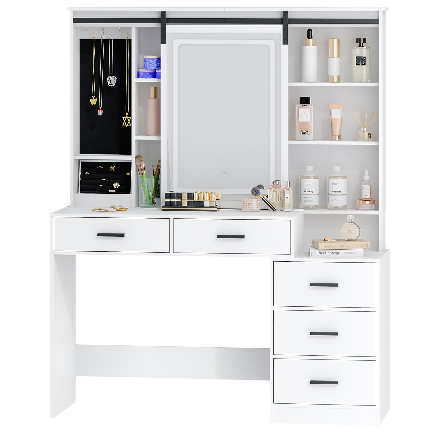 Make-up Tafel – Schminktisch – Kaptafel – Visagie Tafel – Dressing Table – Verstelbare LED-Verlichting – Grote Afneembare Spiegel – 5 Lades – Zijtafeltje – Wit