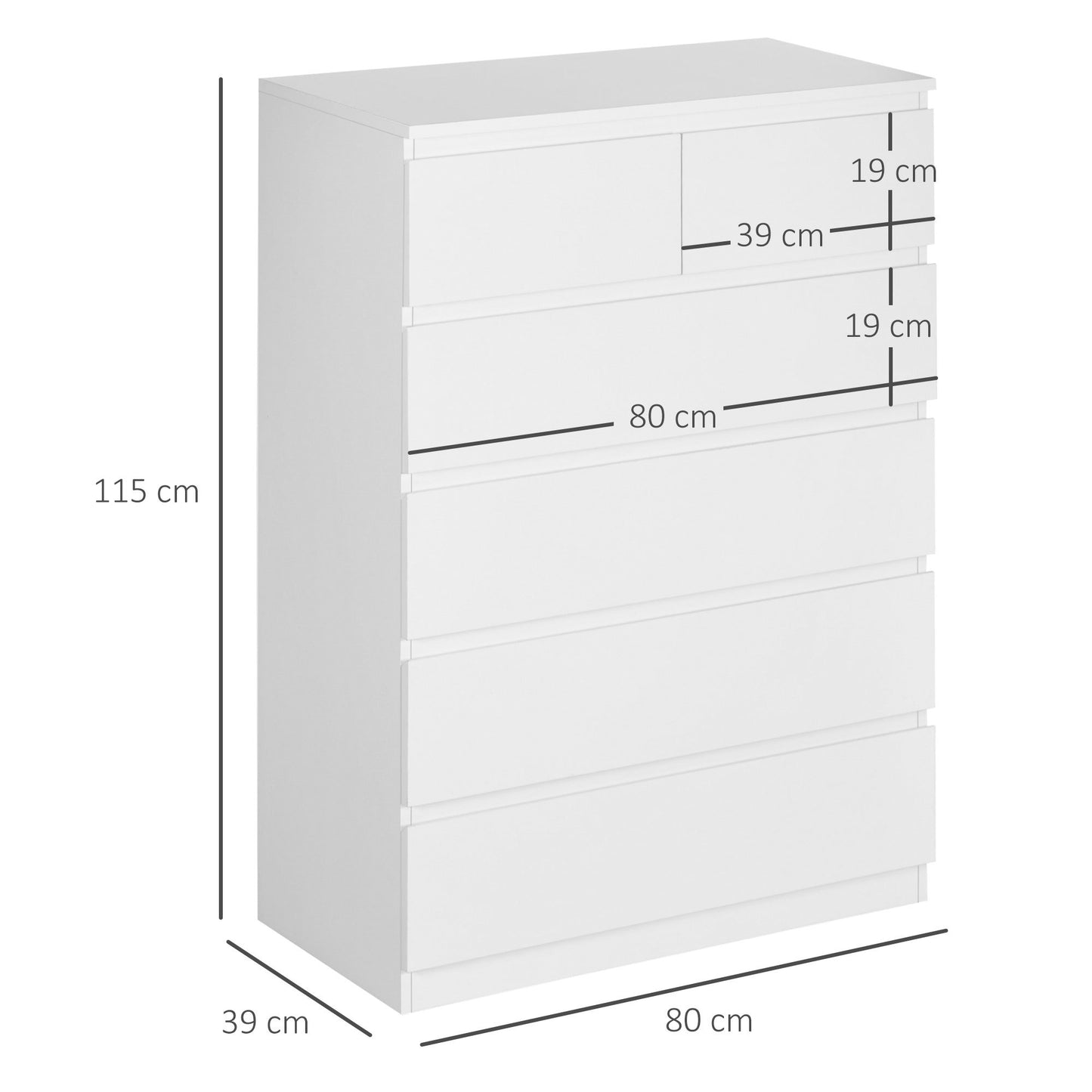 Commode – Ladekast – Dressoir – Opbergkast – Kast – Minimalistisch Design – 6 Lades – Wit – 80 x 39 x 115 cm – Stevig Spaanplaat – Anti-Kantelbeveiliging