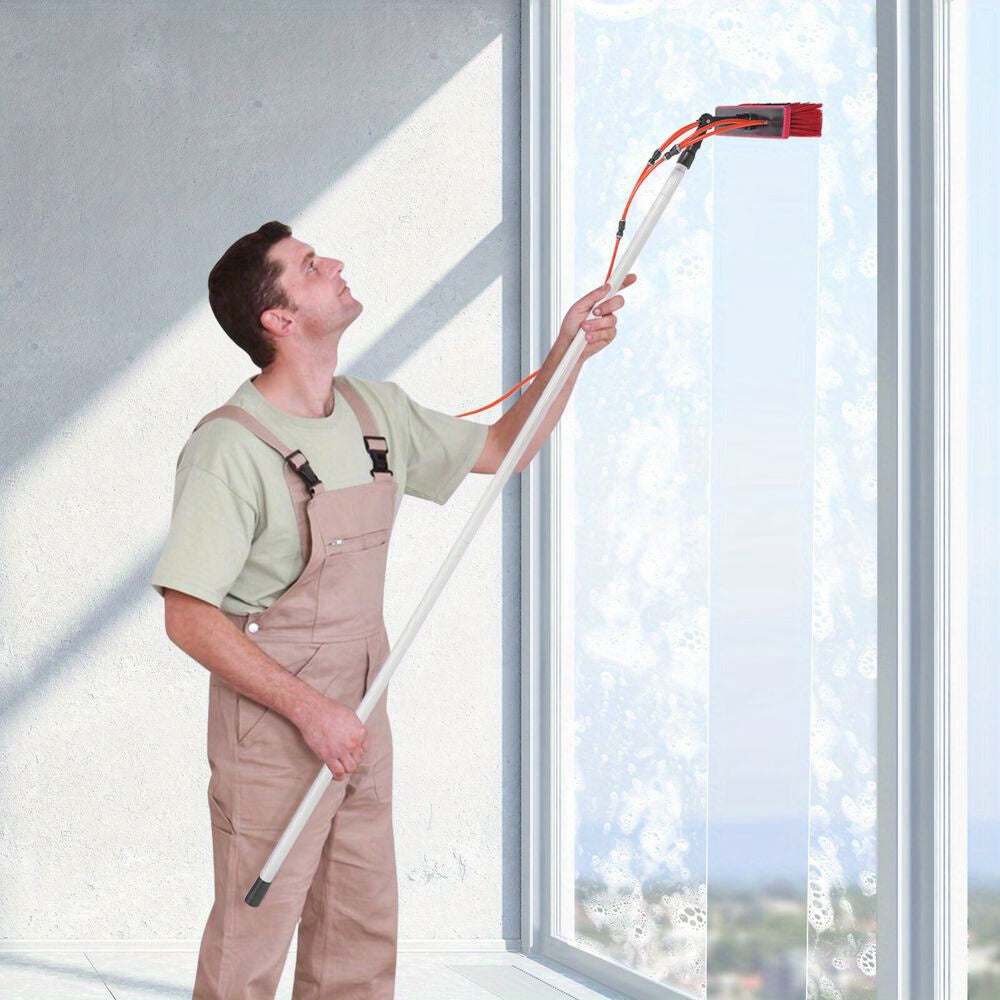 Waterborstel – Ramenborstel – Reinigingsborstel – Zonnepanelenborstel – Verandaborstel – Uitschuifbare Steel 1-8 Meter – 20 Meter Waterslang – Verstelbare Borstelkop 180° – Rood