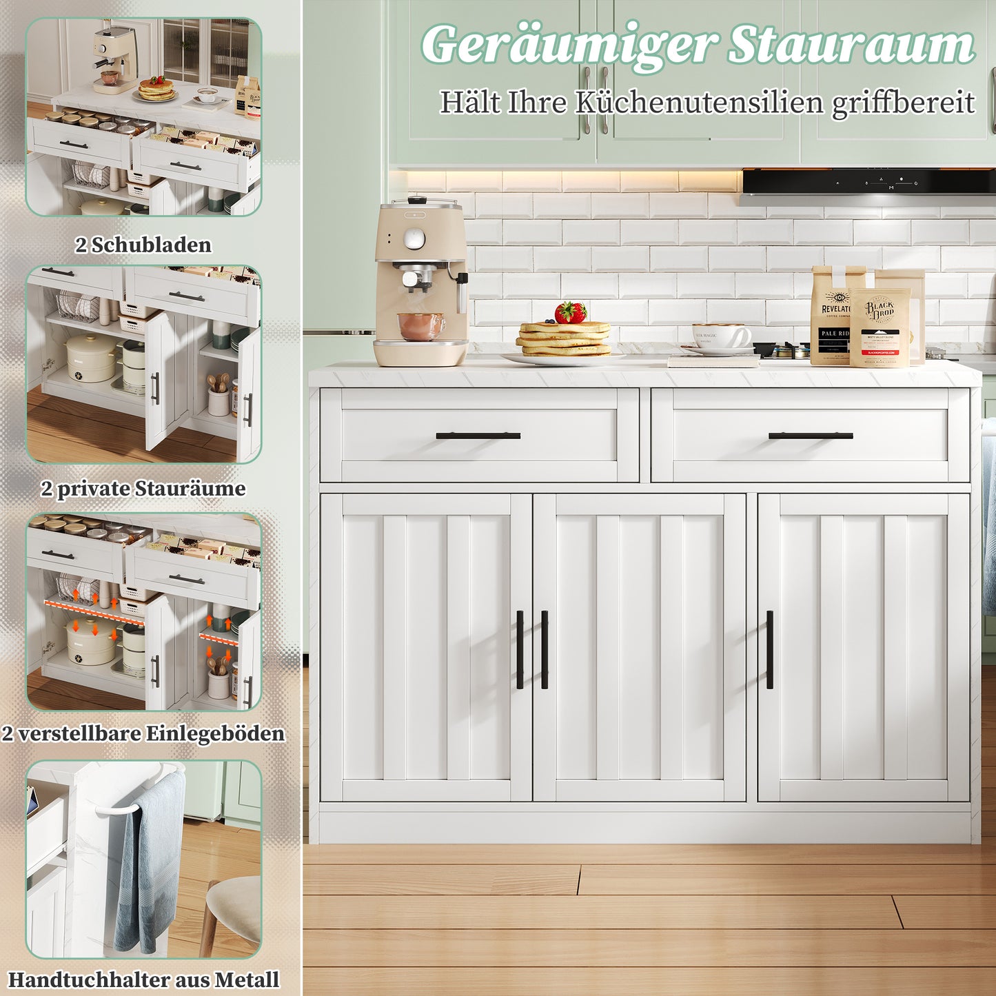 Keukenunit – Keukeneiland – Keukenkast – Werkbank – Ontbijtbar – Compact Model Wit – Marmerlook Werkblad – Veel Opbergruimte