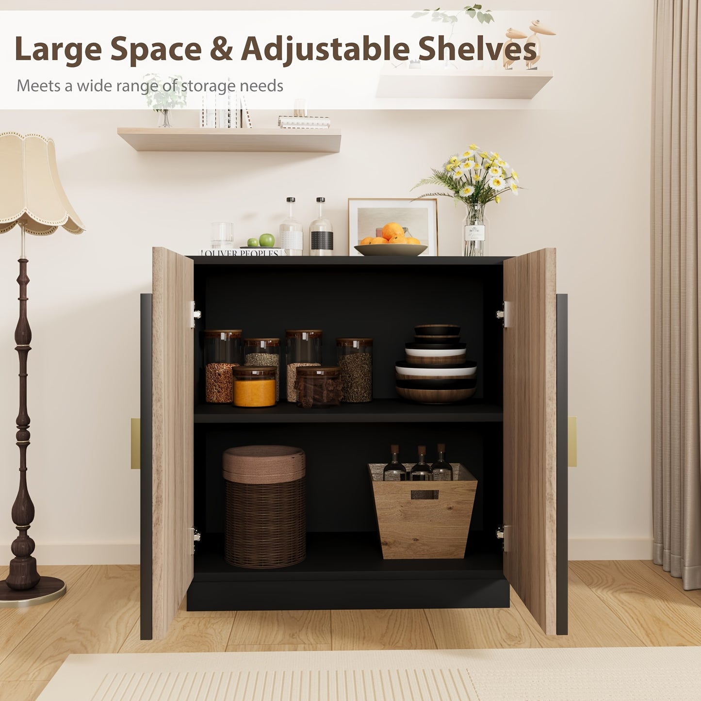 Dressoir – Buffetkast – Opbergkast – Ladekast – Wandkast – Zwart Fluted Design – Verstelbare Planken – Hout en Metaal – Compact 69 cm Hoog
