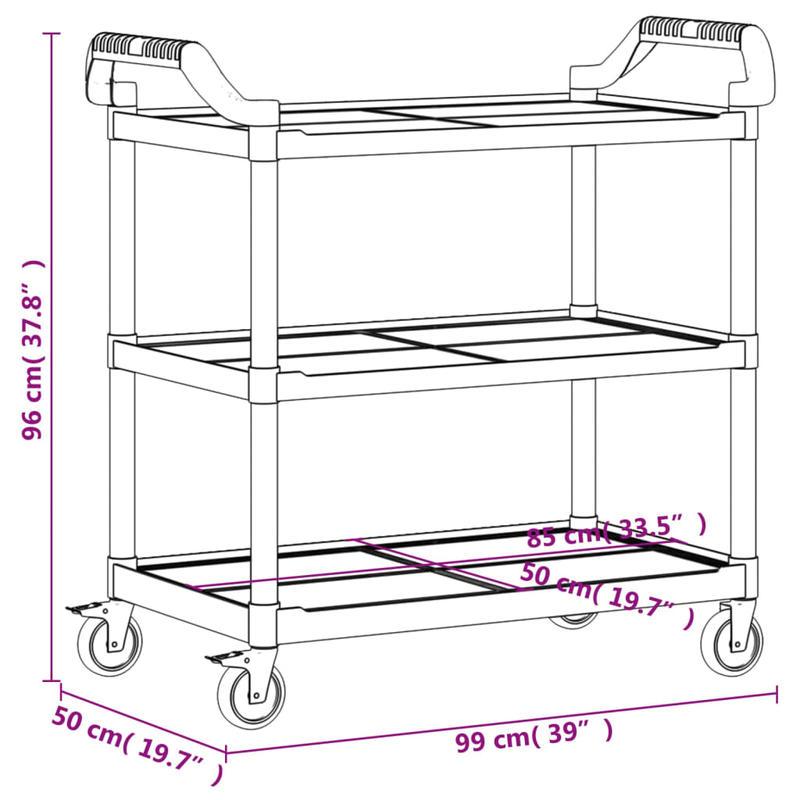 Keukentrolley – Opbergtrolley – Serveerwagen – Keukenwagen – Trolley met 3 Niveaus – Aluminium – 99x50x96 cm – Stevige Wielen met Rem