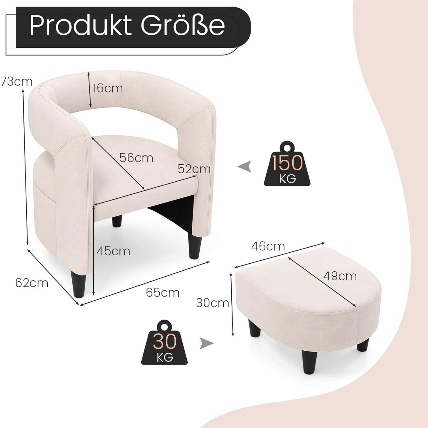Relaxfauteuil – Relaxstoel – Fauteuil – Loungefauteuil – Leunstoel – Met Ottomane – Velvet Bekleding – Massief Houten Frame – Beige