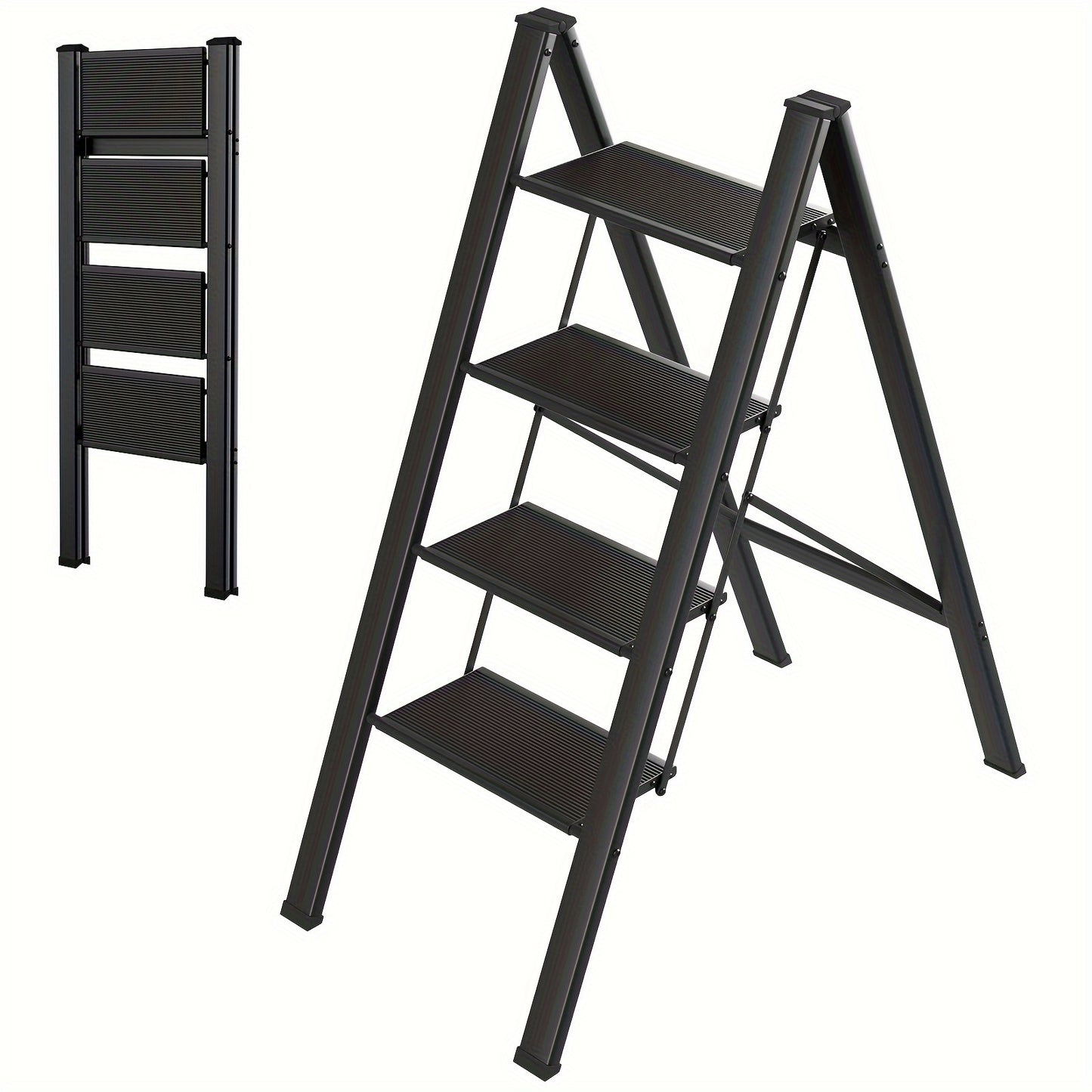 4-Traps Ladder – Inklapbare Ladder – Opstapje – Steiger – Trapstoel – Aluminium – Zwart – Antislip Treden – Max. Draagkracht 150 kg