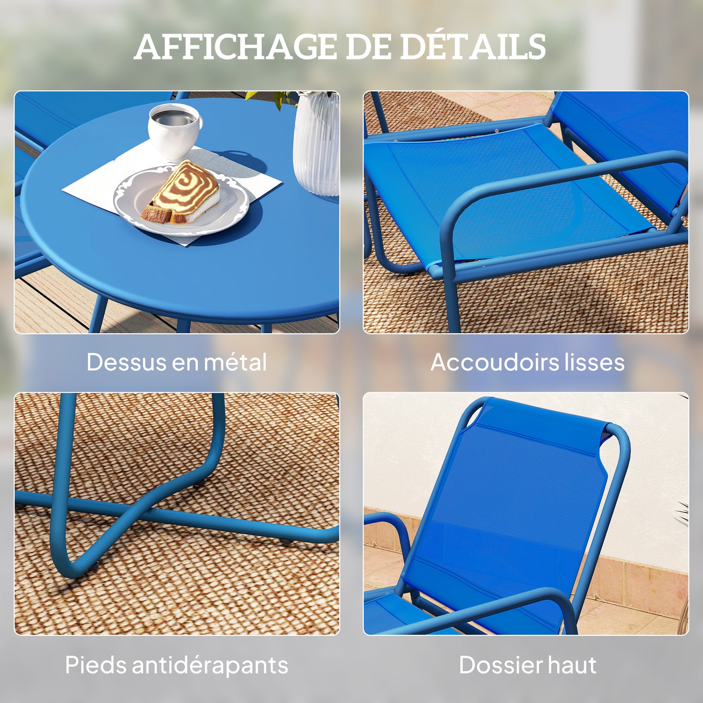 Tuinset – Tuinmeubilair – Terrasset – Bistroset – Loungeset – 2 Stoelen en Ronde Tafel – Stalen Frame en Ademend Textileen – Donkerblauw