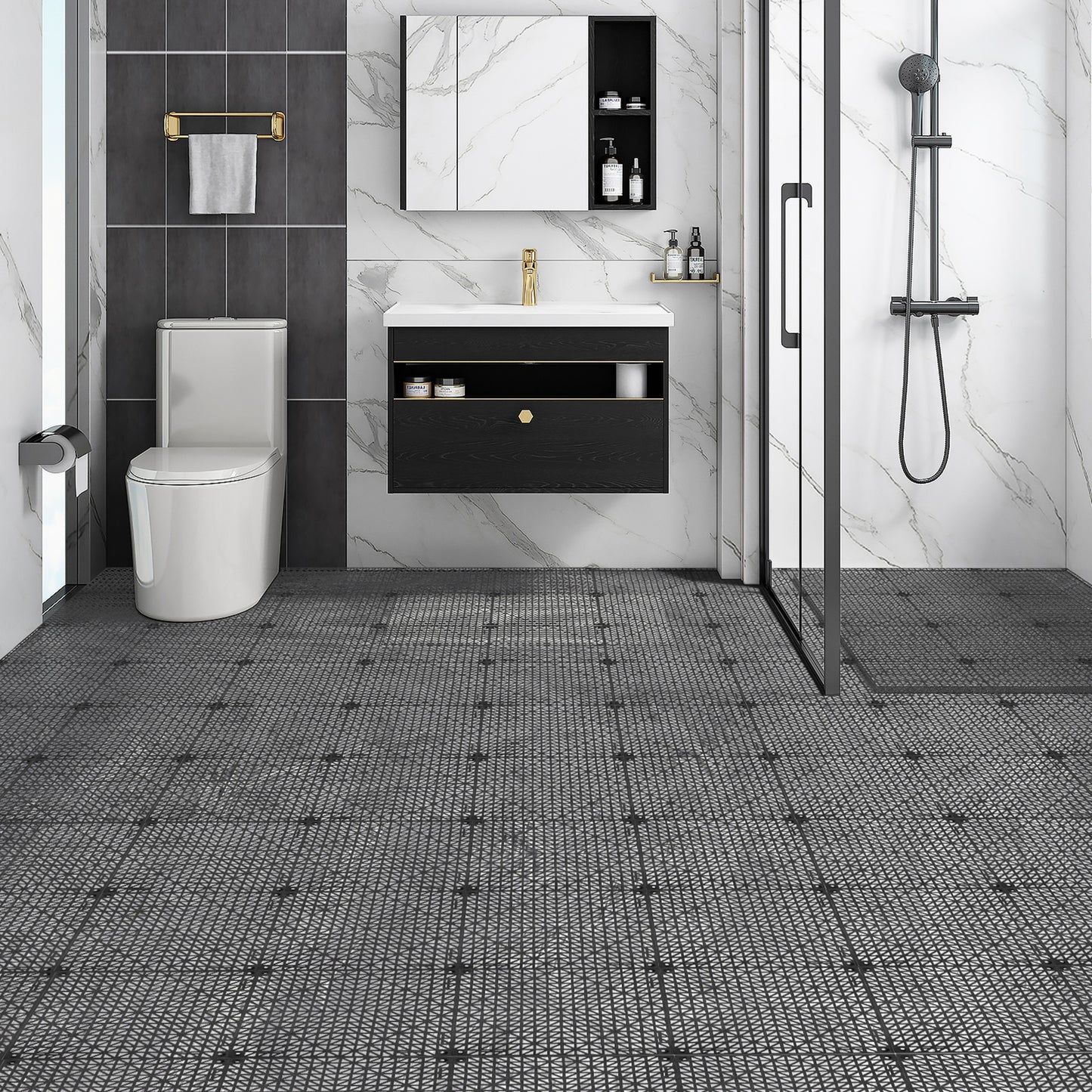 Drainagemat – Antislipvloer – Waterafvoer Tegel – PVC Vloermat – Zwarte Tegels – Set van 12 – 30x30 cm – Duurzaam en Flexibel