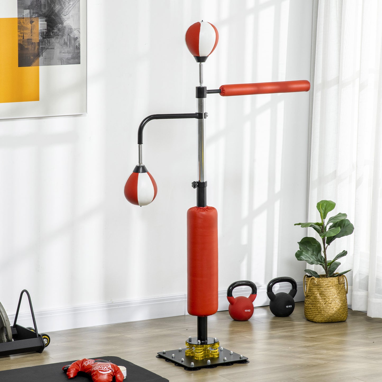Bokszakstandaard – Bokszakhouder – Kickbokszak – Speedball Trainer – Reflextrainer – Verstelbare Hoogte 140-205 cm – Stalen Frame & 12 Zuignappen