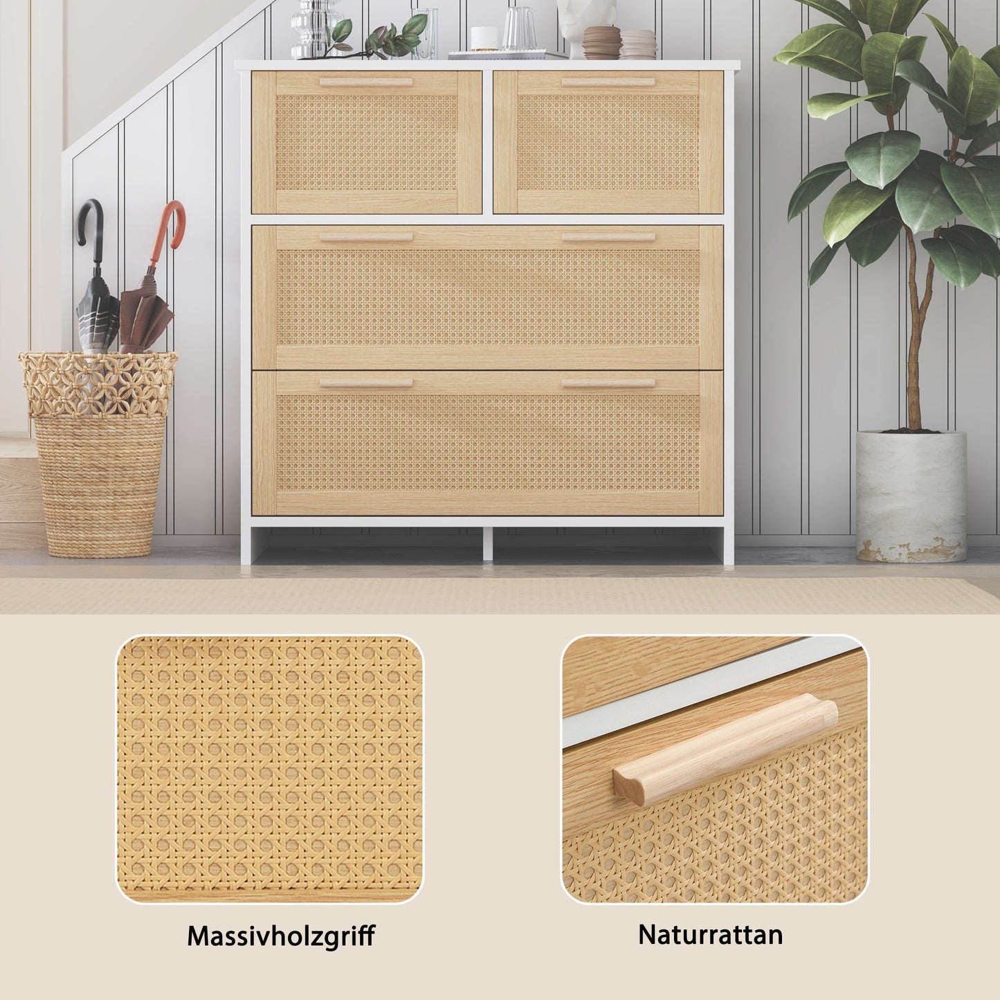Opbergkast – Dressoir – Ladekast – Kast – Rattan Kast – 4 Grote Laden – Natuurlijk Wit Hout