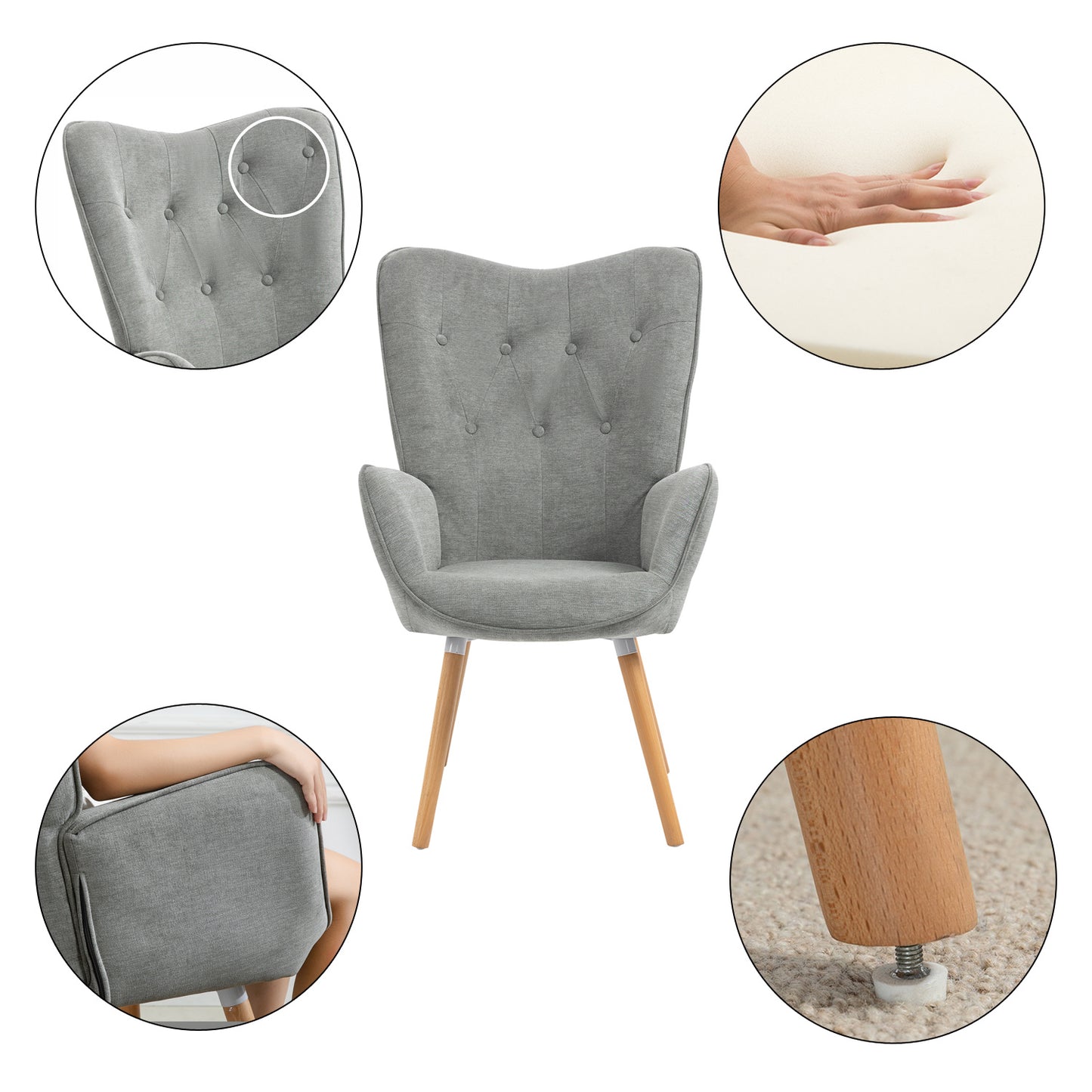 Fauteuil Scandinavisch – Zithoekstoel – Leunstoel – Lounge Chair – Relaxstoel – Grijs Stof – Houten Armleuningen – Afmeting 66x71x109 cm