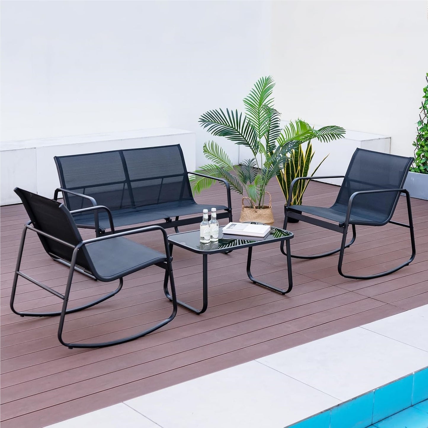 Tuinmeubelset – Tuinset – Loungeset – Balkonset – Terrasmeubilair – 4-Delige Zwart Met Rocking Stoelen – Met Veilig Schommelmechanisme en Versterkt Metaalframe