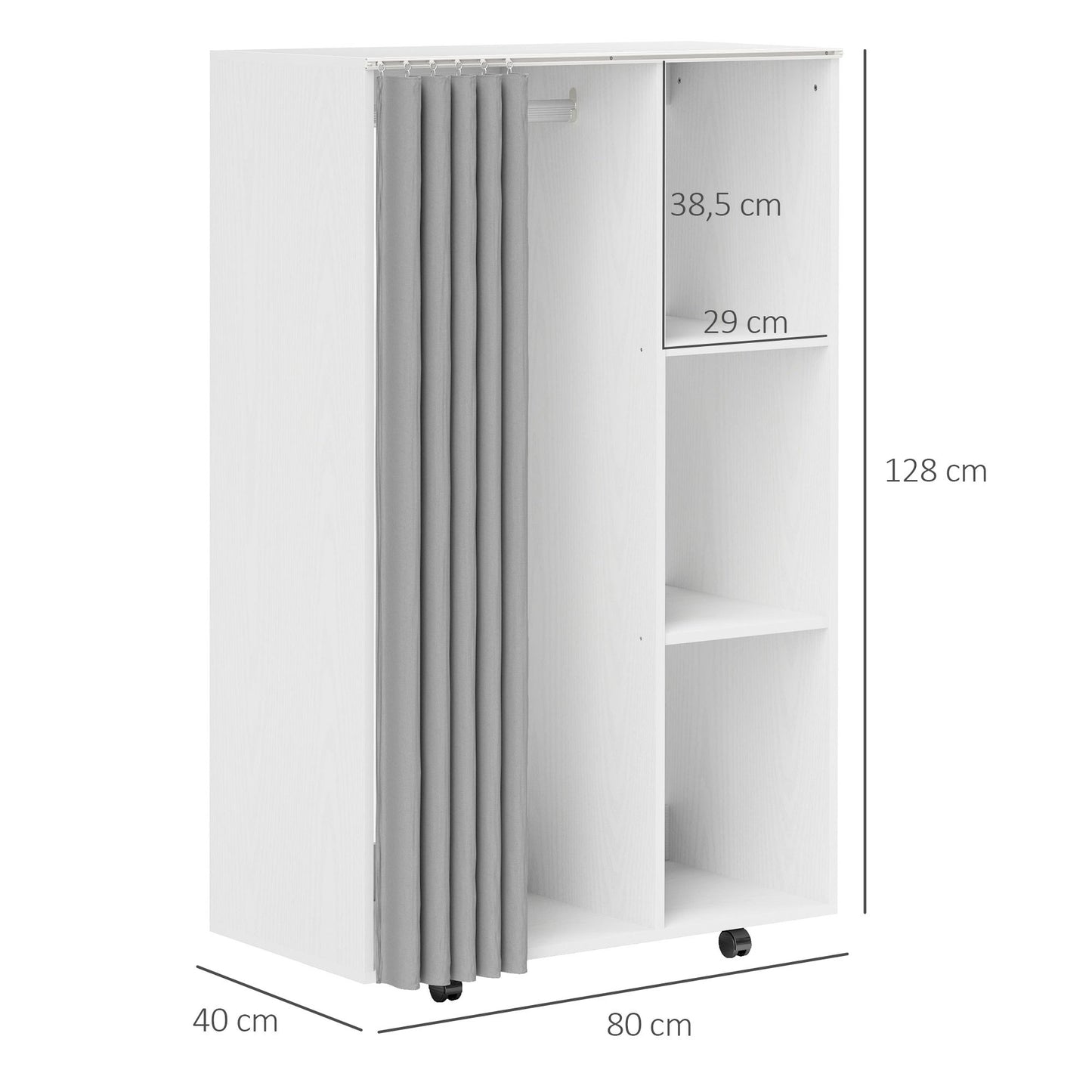 HOMCOM Wardrobe Closet Storage Furniture Mobile 6 Wheels with Clothes Rail And Open Shelves, Rolling Wardrobe Dressing Room for Bedroom, Dim. 80 X 40 X 128 Cm, White