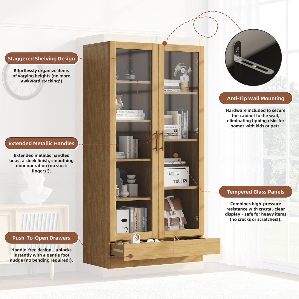 Vitrinekast Modern – Glazen Kast – Boekenkast – Opbergkast – Displaykast – Natuurlijk Houten Frame – Vrijstaand Met Push-to-Open Lades – 80x40x160 cm