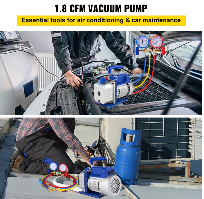Vacuumpomp - 1.8CFM - 2 fasen - 1HP Koelmiddel Vacuümpomp - Koelgereedschap - HVAC-koeling - met spruitstukmeter - Blauw - QUORE