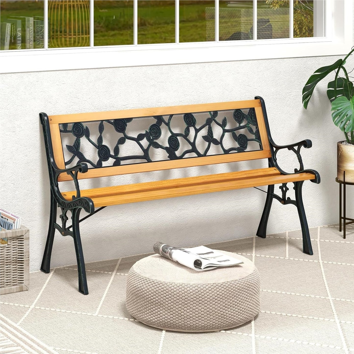 Tuinbank – Buitenbank – Balkonbank – Parkbank – Houten Bank – Weerbestendig Hout – Stevig Metalen Frame – 2 Persoons – 126 x 52 x 74 cm