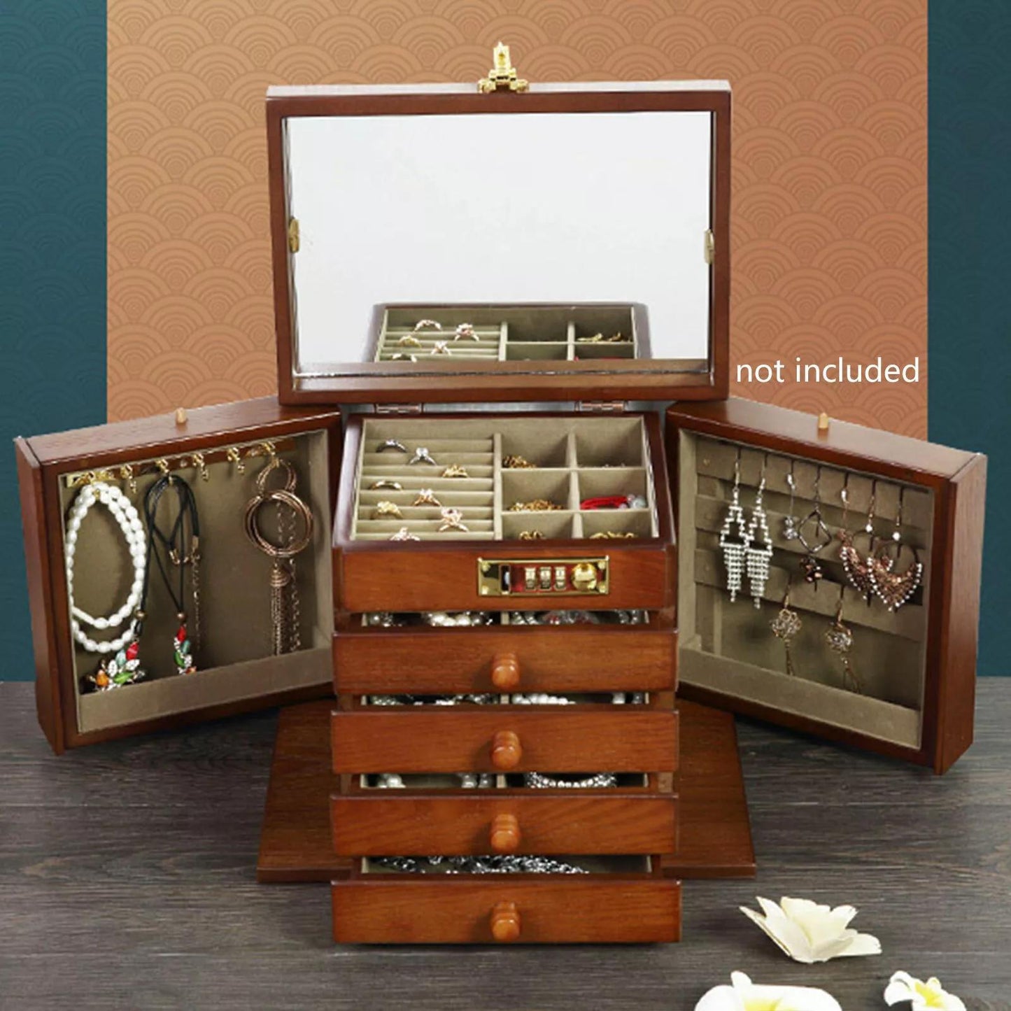 Goodslinesshop WooDerson 5-Tier Brown Wooden Jewelry Box with Password Lock & Carvings Design - 4-Drawer Large Capacity Jewelry Organizer with Mirror, Soft Lining & Golden-Toned Hardware, Elegant Desktop Storage for Earrings,