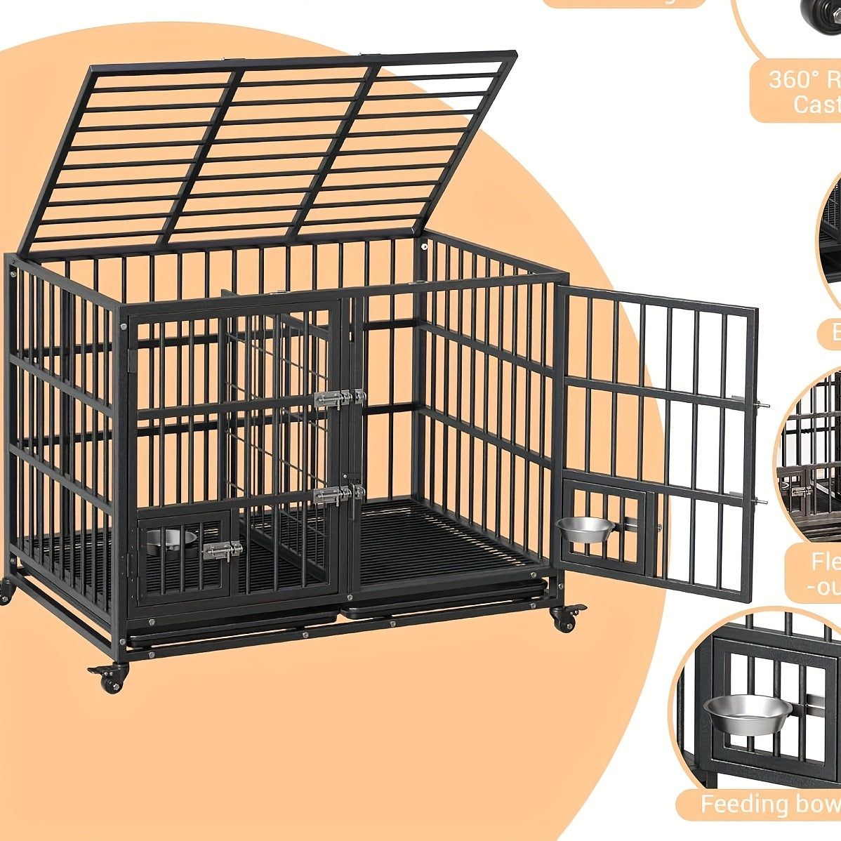 Hondenbench – Hondenkooi – Hondenkennel – Reisbench – Draagbare Hondenbox – Metalen Bench – Dubbele Deuren – Opvouwbaar – Met Wieltjes – Uitschuifbare Lade – 108x72x83 cm