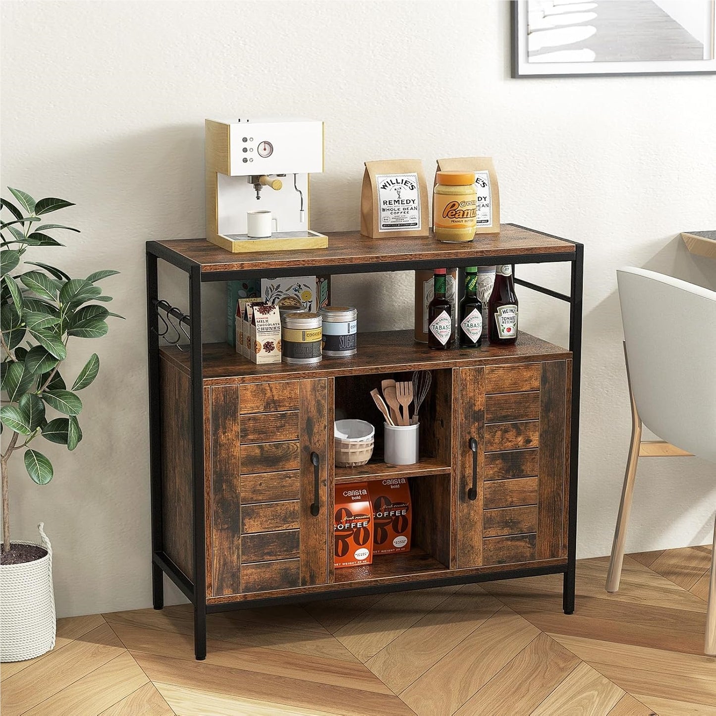 Houten Dressoir – Sideboard – Keukenkast – Buffetkast – Opbergkast – Industrieel – Verstelbare Planken – Inclusief 3 Haken – Bruin Zwart