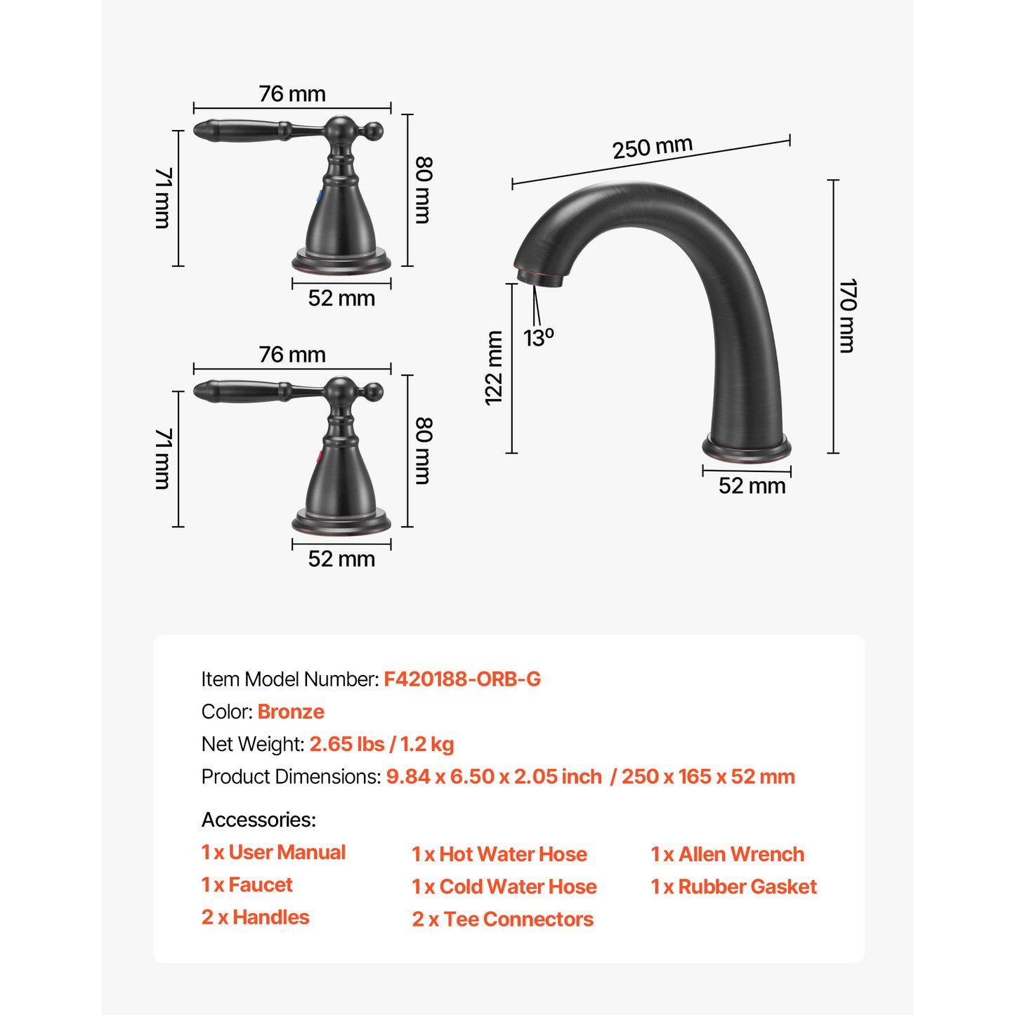 Roman Badkraan – Badmengkraan – Badkraanset – Badkraan 3 Gaten – Wastafelmengkraan – Roestvrij Staal Bronze – Hoog Gebogen Uitloop – Snelle Waterstroom 16,5 L/min