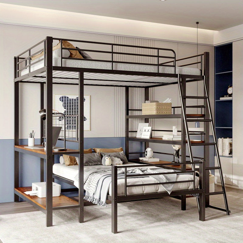 Hoogslaper – Stapelbed – Kinderbed – Eenpersoonsbed – Bed – Metalen Frame – 140x200 cm – Multifunctioneel – Met Opbergruimte – Zwart