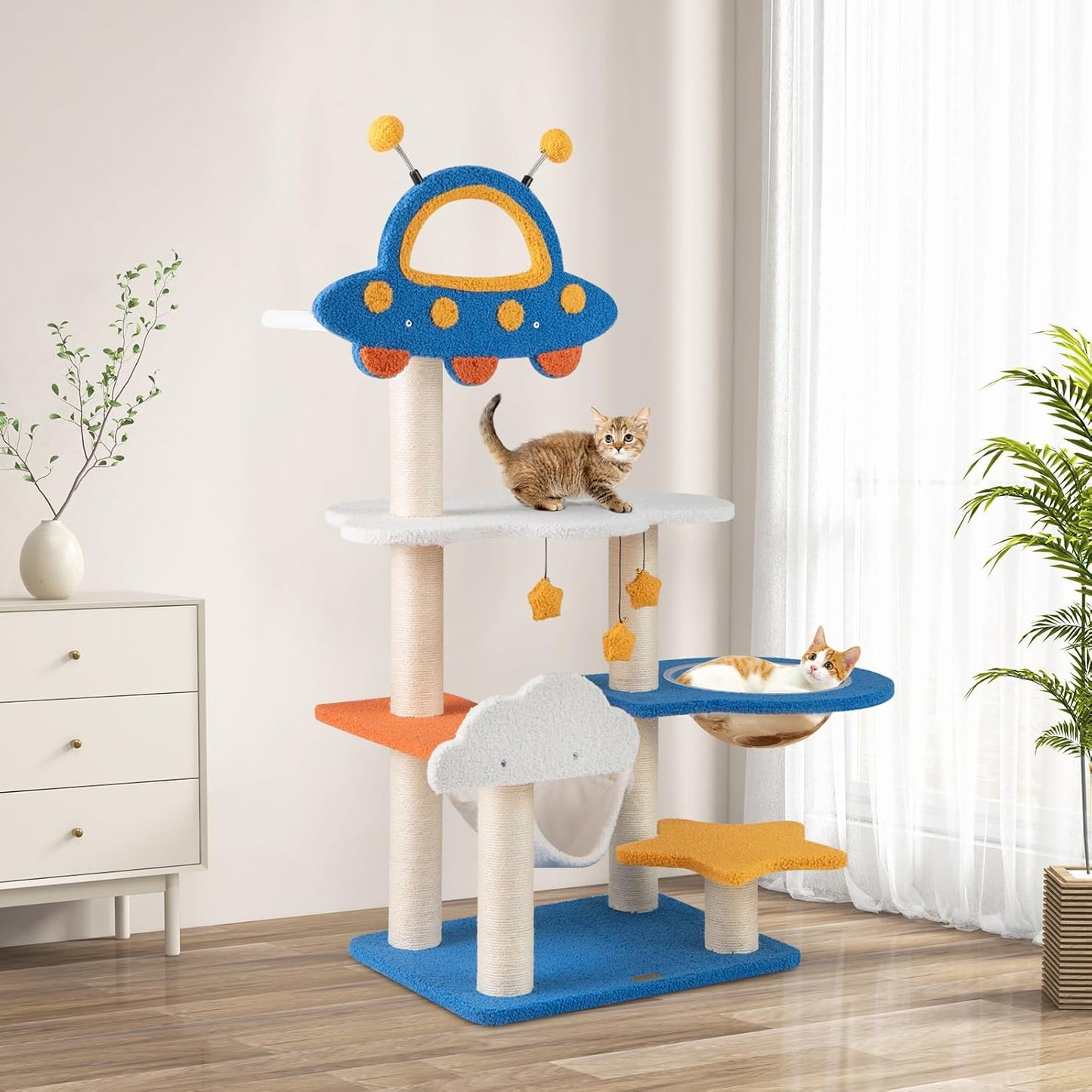Krabpaal – Kattenboom – Krabmeubel – Kattenhuis – Krabton – 124 cm Hoog – Fiberboard & Sisal – Ruimtethema Met UFO-Platform, Hangmat en Capsule – Blauw