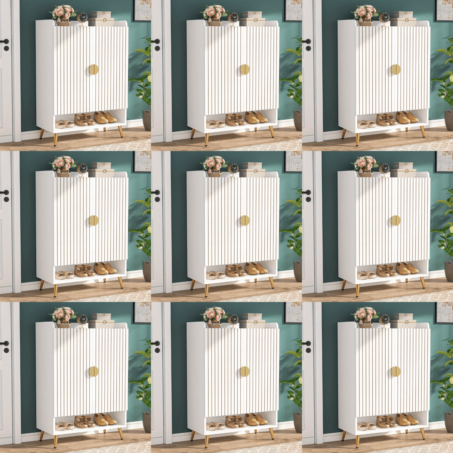 Schoenenkast – Schoenenrek – Schoenopberger – Schoenentoren – Schoenenkast – 6-laags met deuren – Verstelbare planken – Wit met gouden accenten