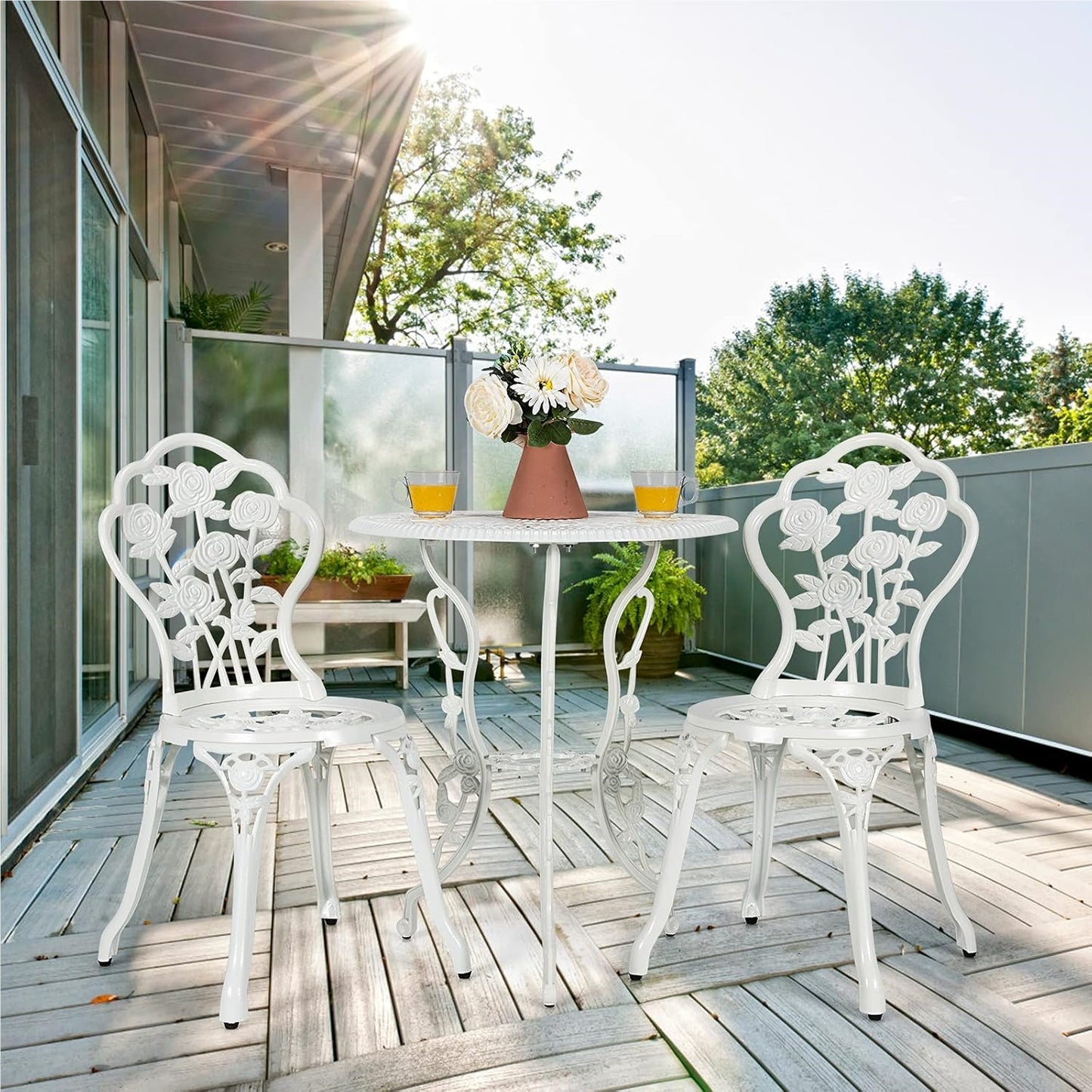 Tuinmeubelset – Balkonset – Bistroset – Terrasmeubilair – Tuinset – Wit – Aluminium Gietijzer – Weerbestendig & Inclusief Parasolgat