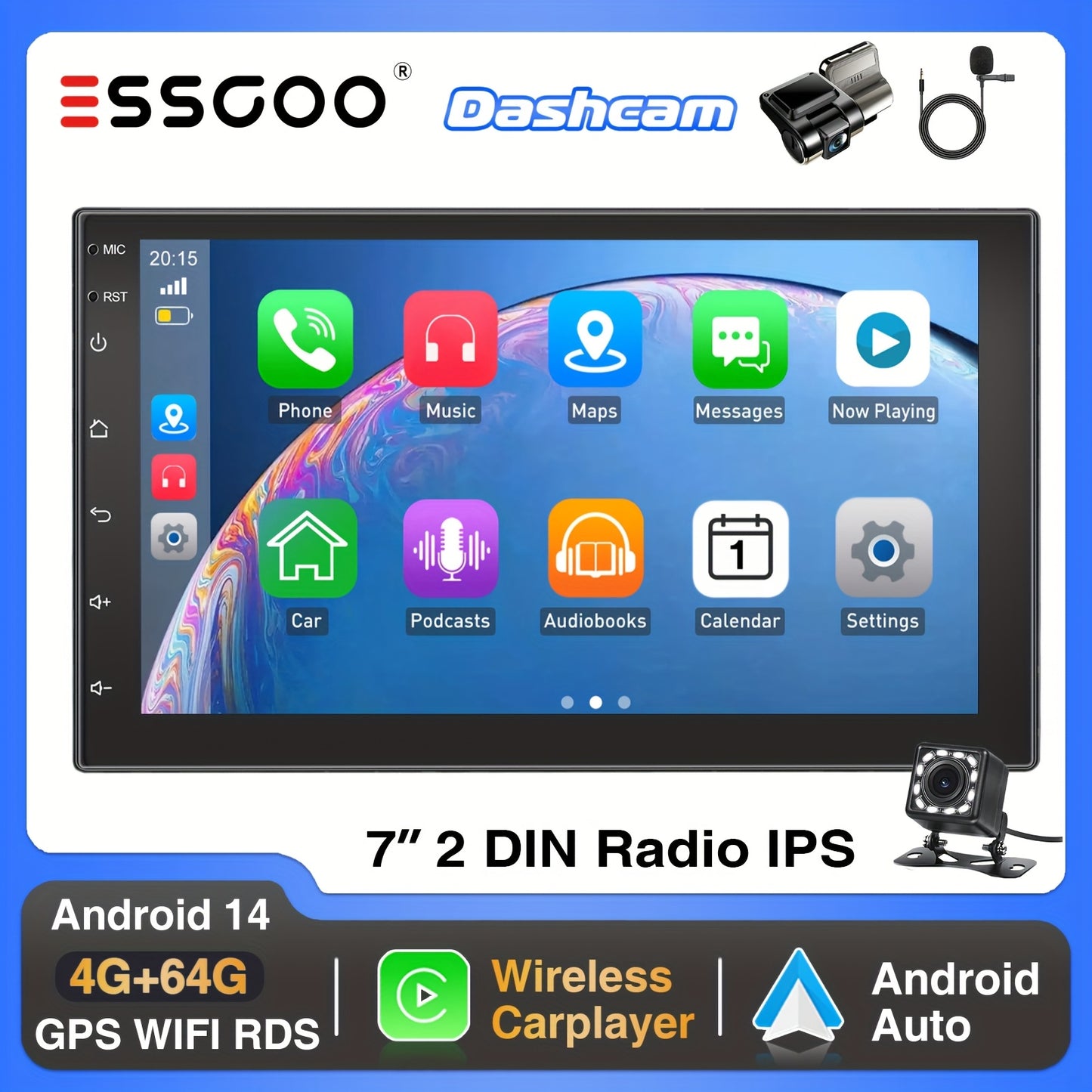 Autoradio – Autostereo – 2 DIN Radio – Multimedia Speler – Android Auto – 7 Inch IPS Touchscreen – Android 14 Quad-Core – Inclusief Dashcam & Achteruitrijcamera