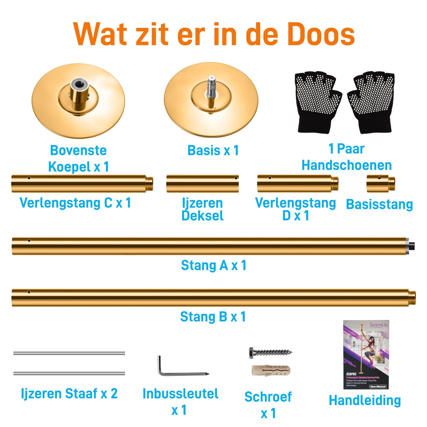 Danspaal – Pole Dance Paal – Standaard Danspaal – Fitnesspaal – Draaibare Paal – Verstelbare Hoogte 203-274 cm – Gouden Roestvrij Staal