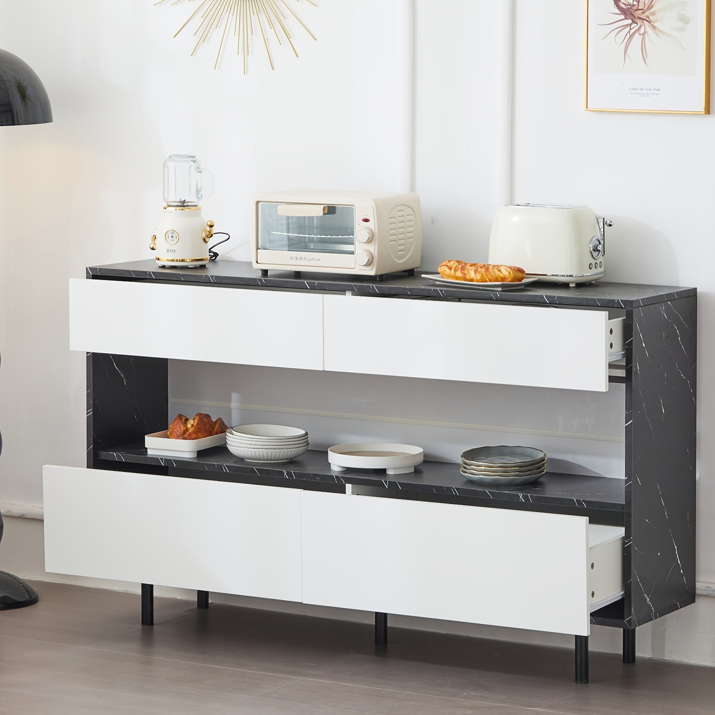 Dressoir – Sideboard – Opbergkast – Buffetkast – Kast – Wit Bamboo Met Zwart Marmerdesign – 150 cm Breed – 4 Lades & Ruime Opbergruimte