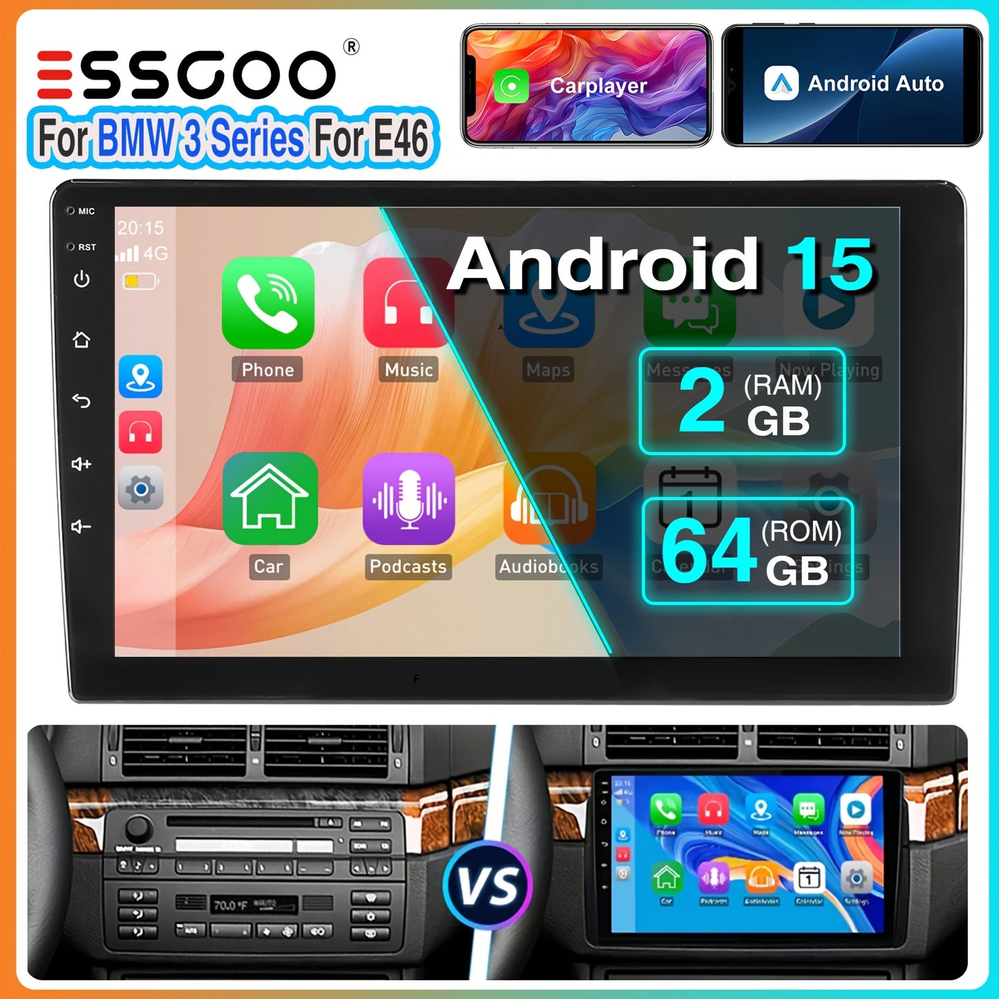 Autoradio BMW E46 2 DIN – Multimedia Speler – Auto Stereo – Navigatiesysteem – Touchscreen Radio – 9 Inch IPS Scherm – Android 15 Systeem – Draadloos CarPlay & Canbus