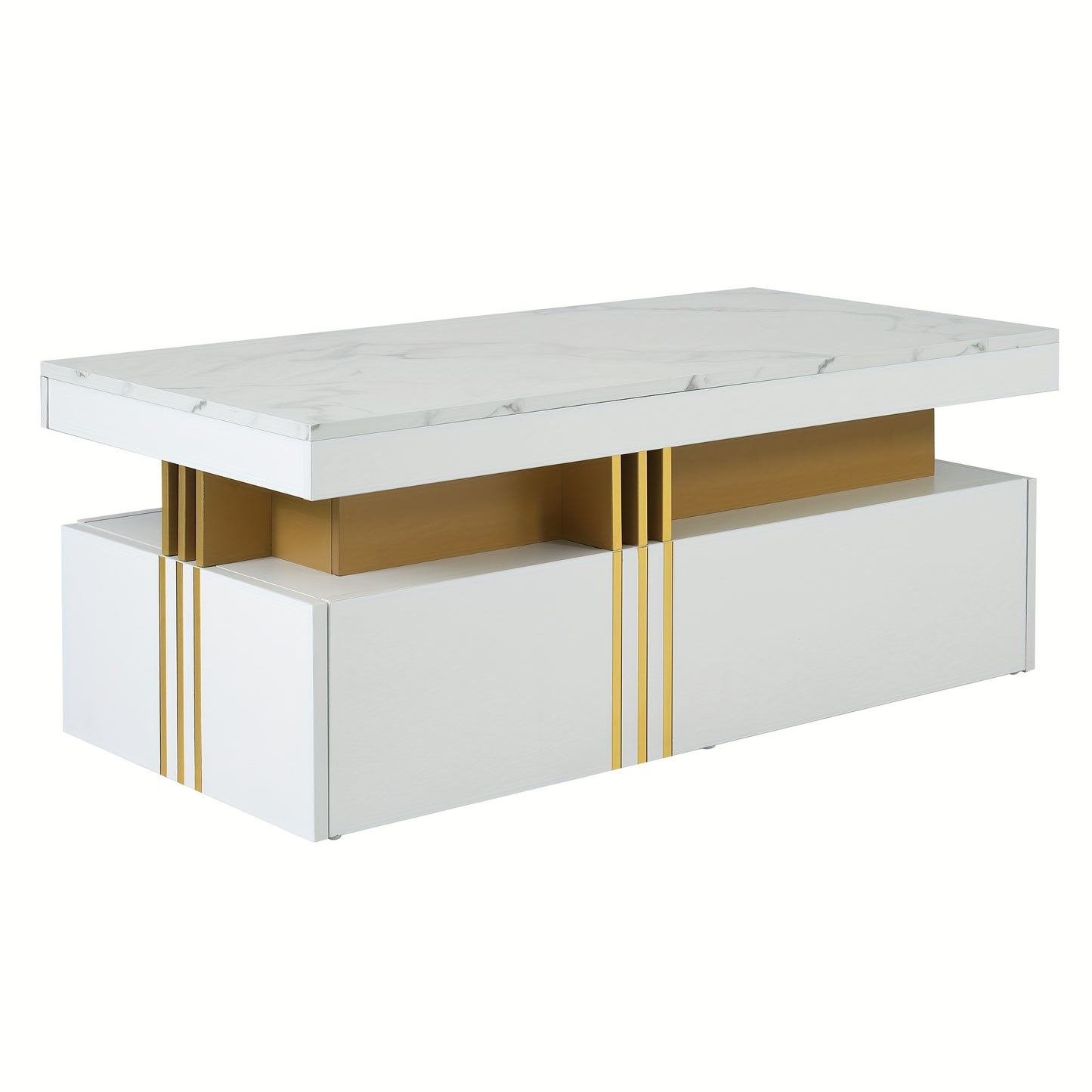 Modern Coffee Table with 2 Storage Drawers - High-Gloss White Artificial Marble Top & Golden Metal Handles, 100x50x40cm, Hardwood Frame, Easy Assembly for Living Room, Coffee Table for Living Room, Decorative Centerpiece, Min