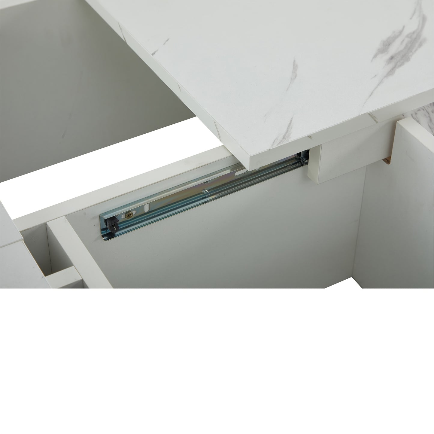Modern White Square Coffee Table with Marble Texture, Size 90 X 90 X 25cm, Equipped with Four Drawers, Sliding Table Top, Load Capacity Up to 30kg, Contemporary Style, Minimalist Design, Storage Table, Compact Table, Small S