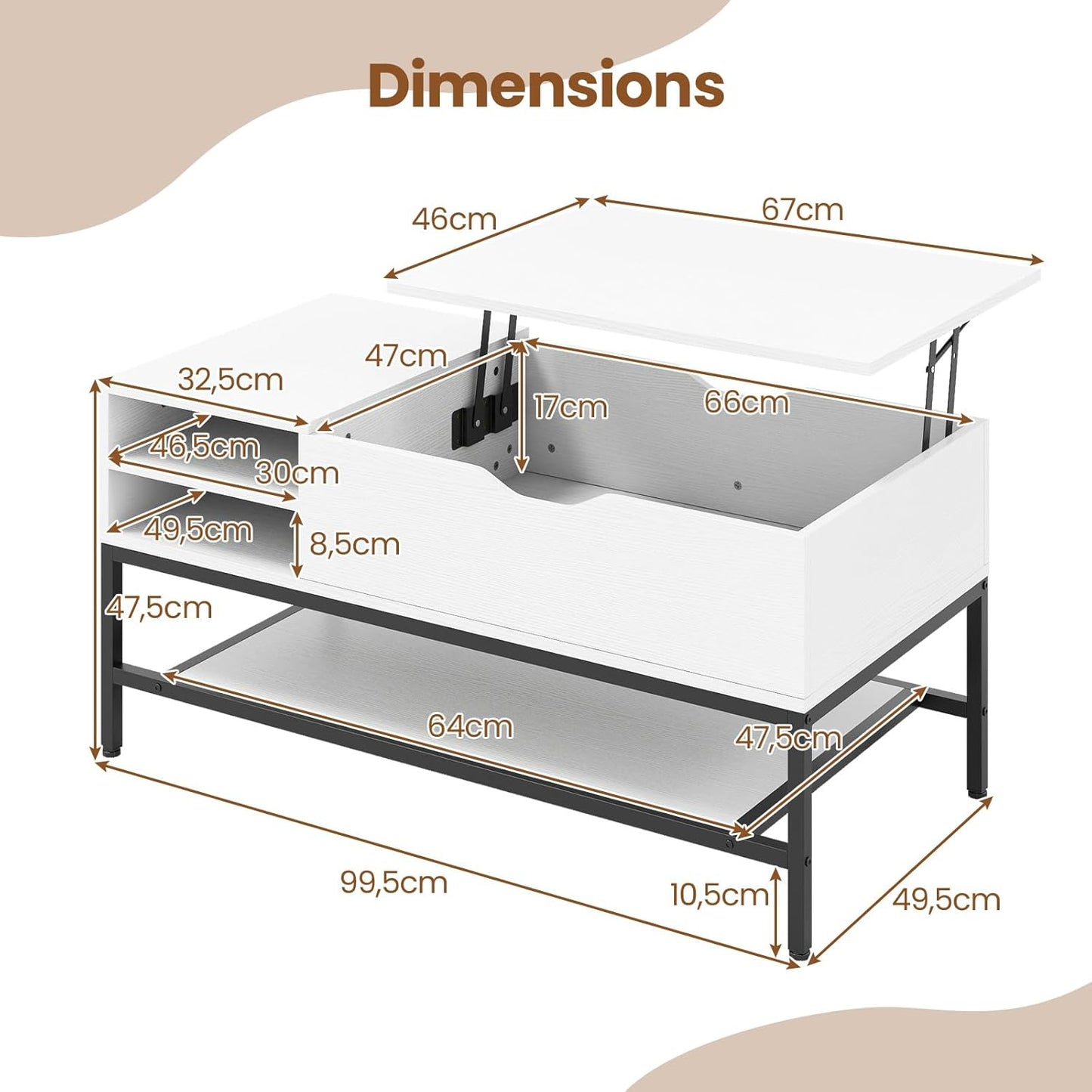 Verhoogbare Salontafel – Koffietafel – Tafel met Opbergruimte – Opklapbare Tafel – Lifting Tafel – Verwijderbare Plank – Verborgen Vak – Hoogwaardig MDF & Metaal