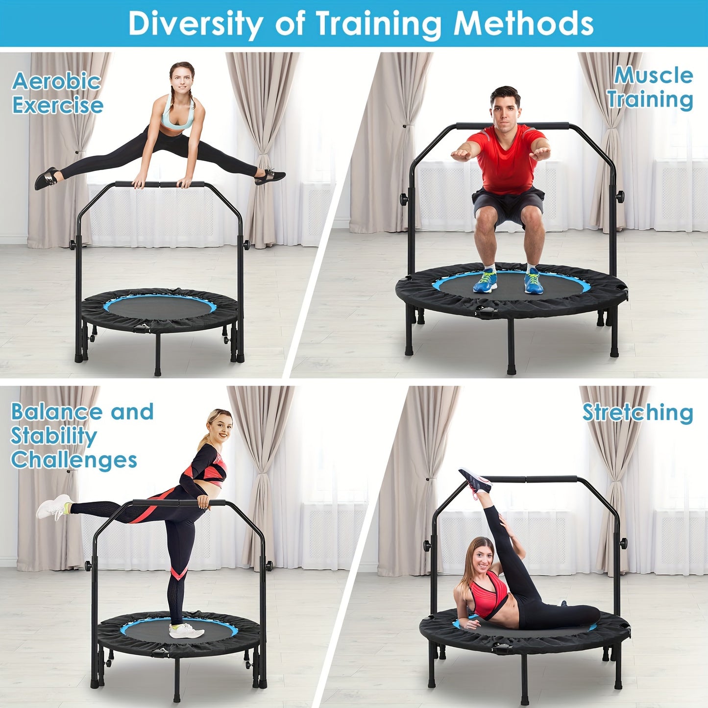 Indoor Trampoline – Fitness Trampoline – Springmat – Trainingsapparaat – Jumping Trampoline – Opvouwbaar – Diameter 101 cm – Verstelbare Handrail Hoogte – Belastbaar Tot 150 kg