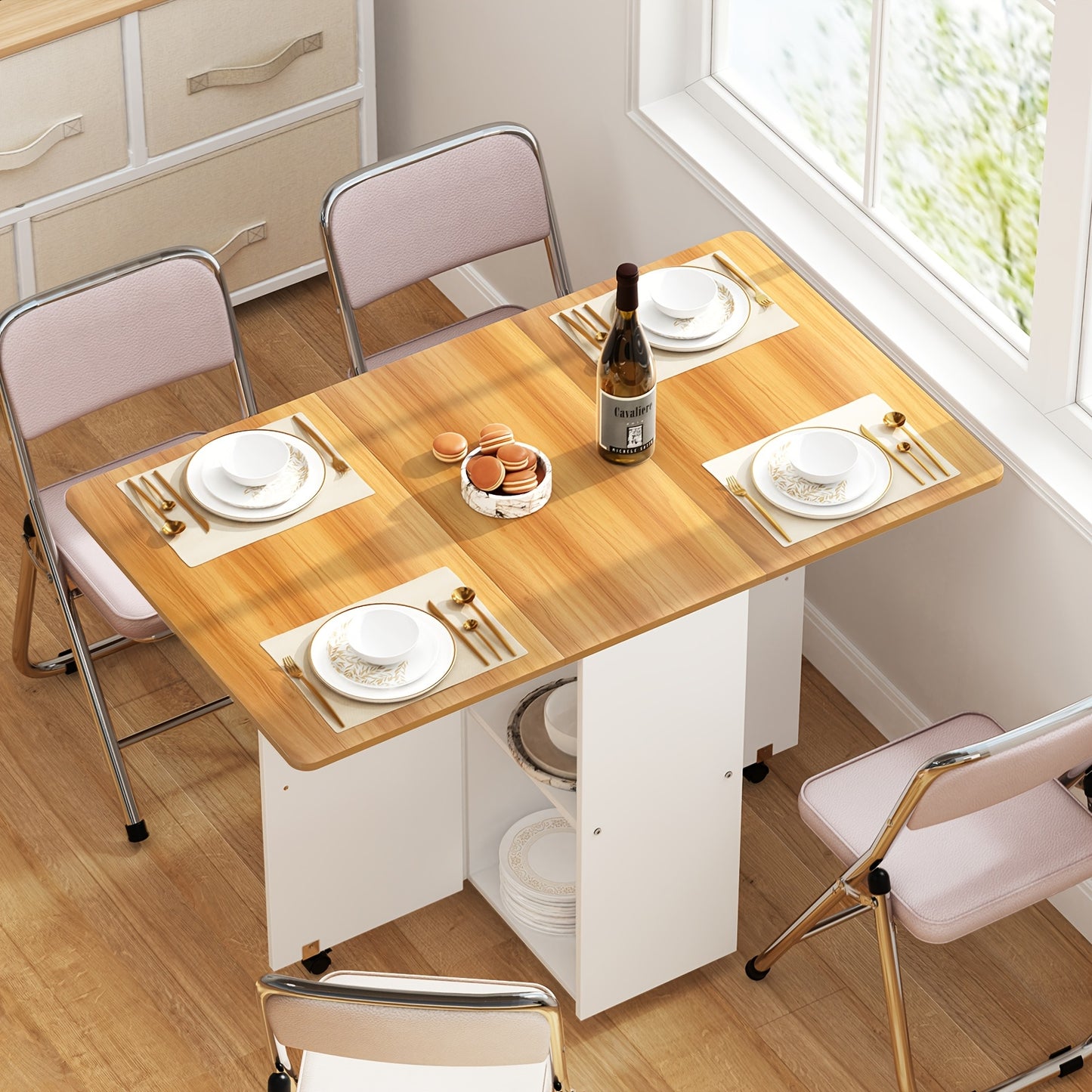 Uitklapbare Eettafel – Opklapbare Tafel – Uitbreidbare Keukentafel – Ruimtebesparende Tafel – Vouwtafel – Hardhouten Tafel – 2 Tot 6 Personen – Met Lockbare Wieltjes En Opbergrekken