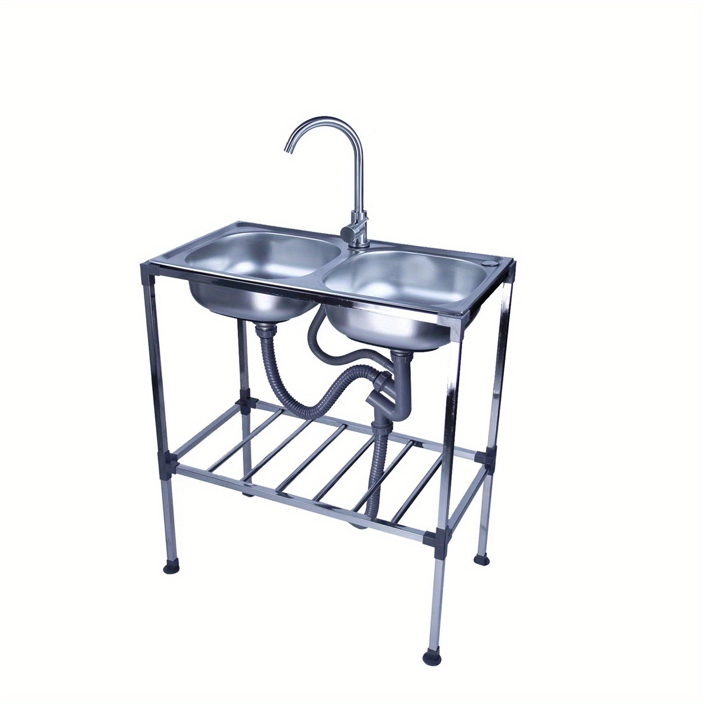 Dubbele Wasbak – RVS Spoelbak – Vrijstaande Wasbak – Draagbare Wasbak – Keuken Wasbak – Roestvrij Staal – Warm- en Koudwaterkraan – Afmetingen 75x40x83 cm