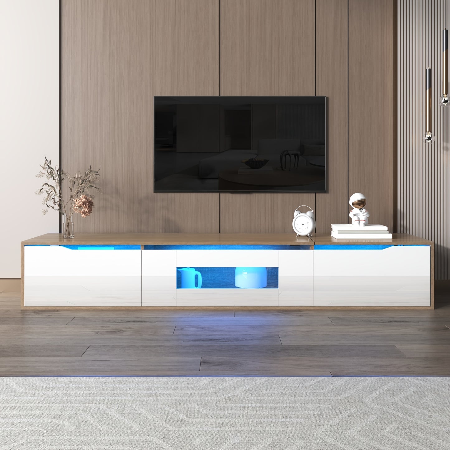 TV Stand, Entertainment Cabinet, High-Gloss TV Stand, Colour Scheme High-Gloss White And Wood, TV Stand Size 180 X 35 X 30 Cm
