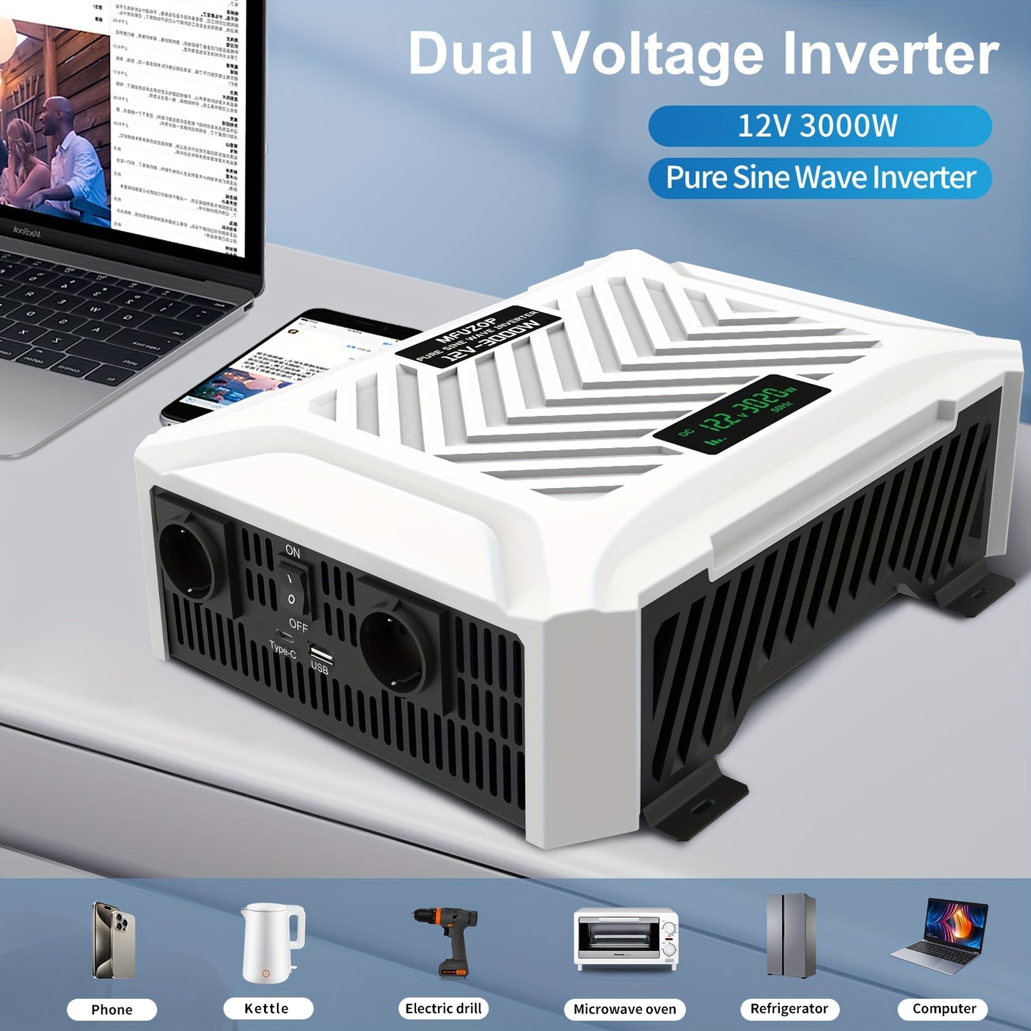 Omvormer – Spanningsomvormer – Stroomomvormer – Inverter – Converter – 3000W Zuivere Sinusgolf – Overbelastingsbeveiliging – Weerbestendige Behuizing