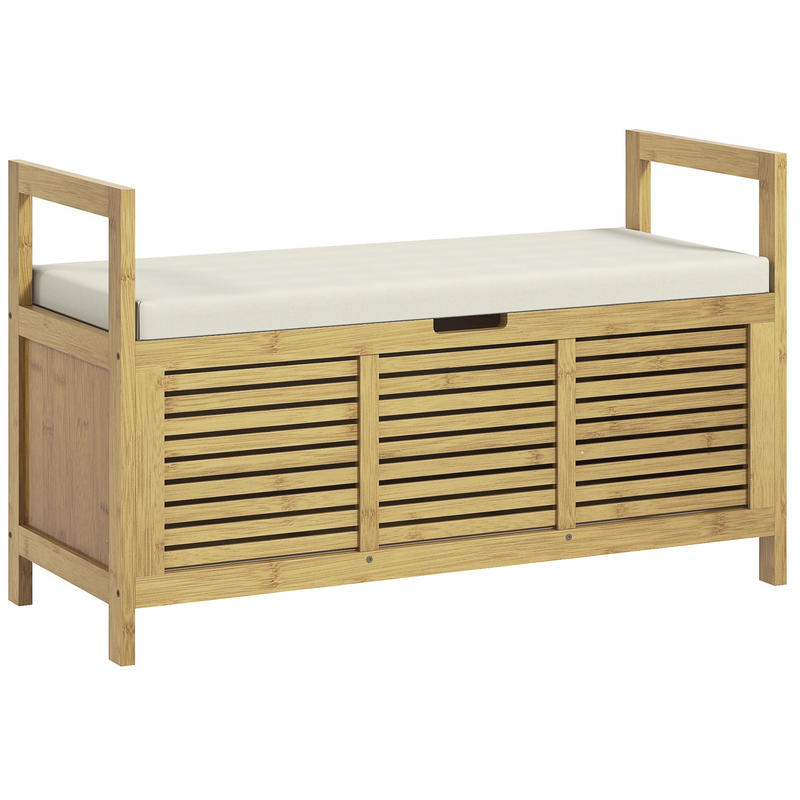 Modern Bamboo & Metal Shoe Storage Bench with Soft Cushioned Seat - Freestanding Entryway Organizer with Hidden Storage, Space-Saving Design for Hallway, Living Room, Bedroom - Sturdy Shoe Rack Bench with Soft Padding, 39.4"x