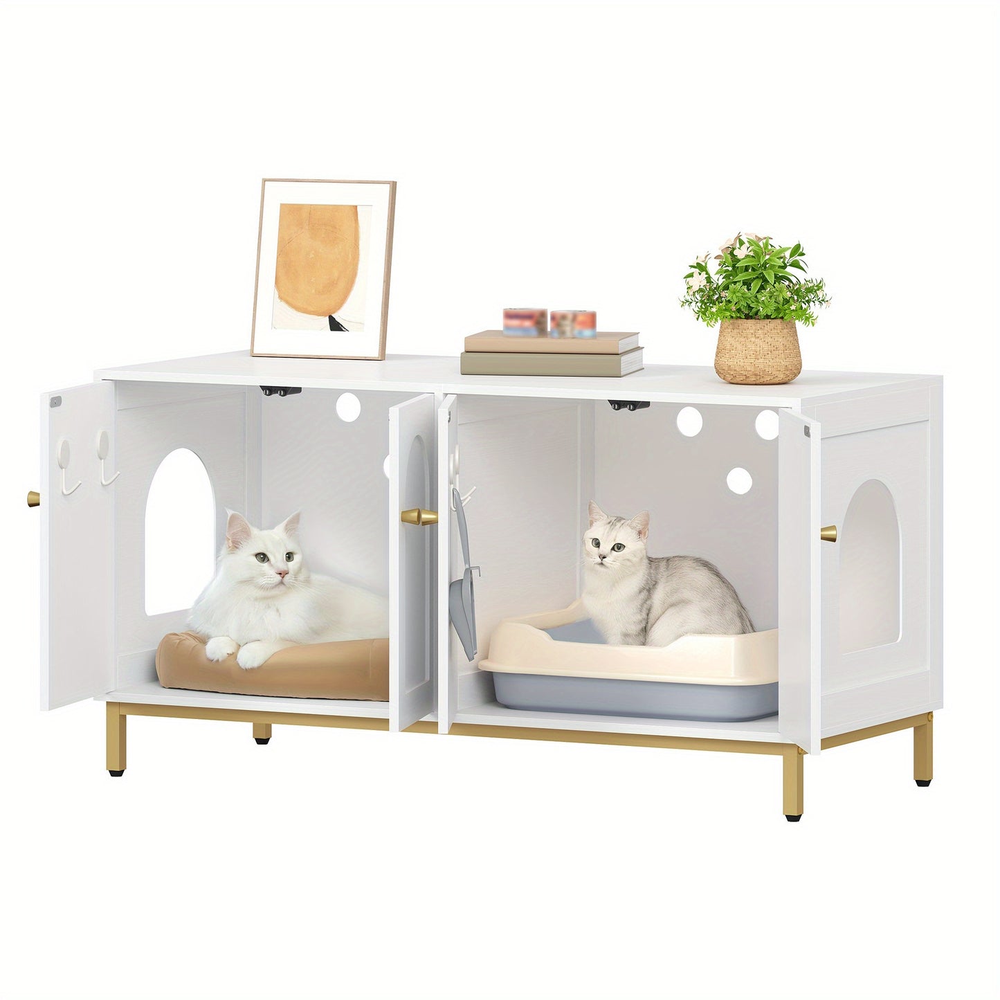 Kattenkast – Kattenmeubel – Kattenbakmeubel – Kattenhuis – Kattenbench – Voor 2 Katten – Verborgen Kattenbak – Wit Goud – Hout – Geschikt Voor Meeste Kattenbakken – 119 cm